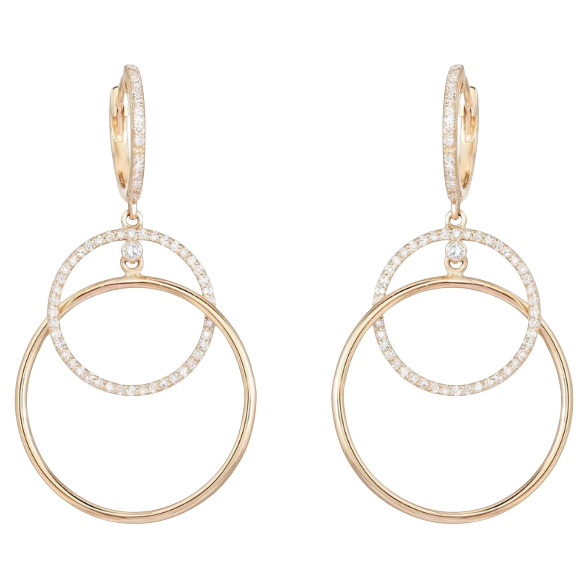 Double Circle Diamond 14K (or 18k upon request) Yellow Gold Drop Huggie Earrings For Sale