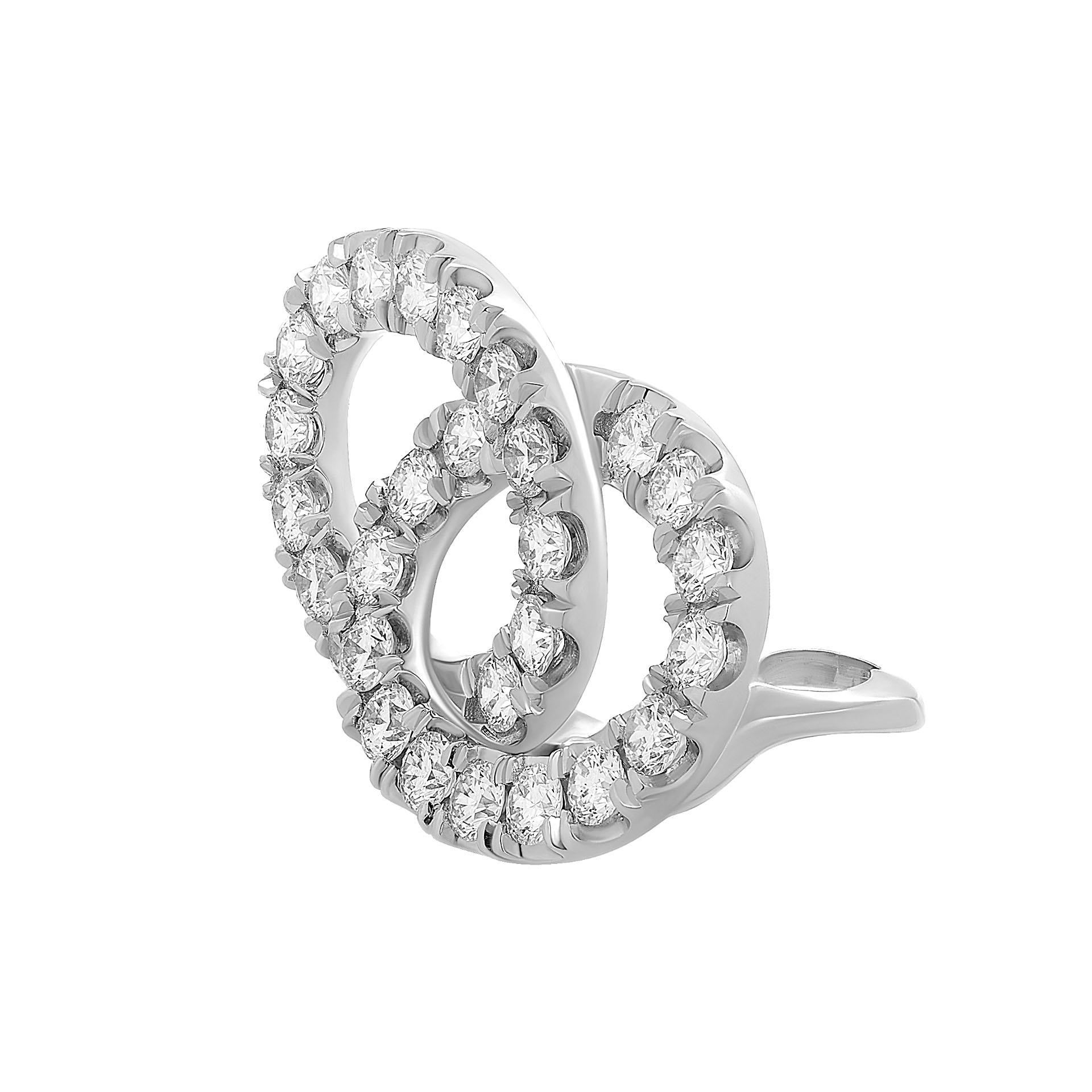 Double Circle Overlap Earrings with diamonds in 18K White Gold in 18K White Gold Earrings 
with 56 diamonds 2.9mm each totaling 5.04 carat, 
F-G color VVS-VS clarity 
