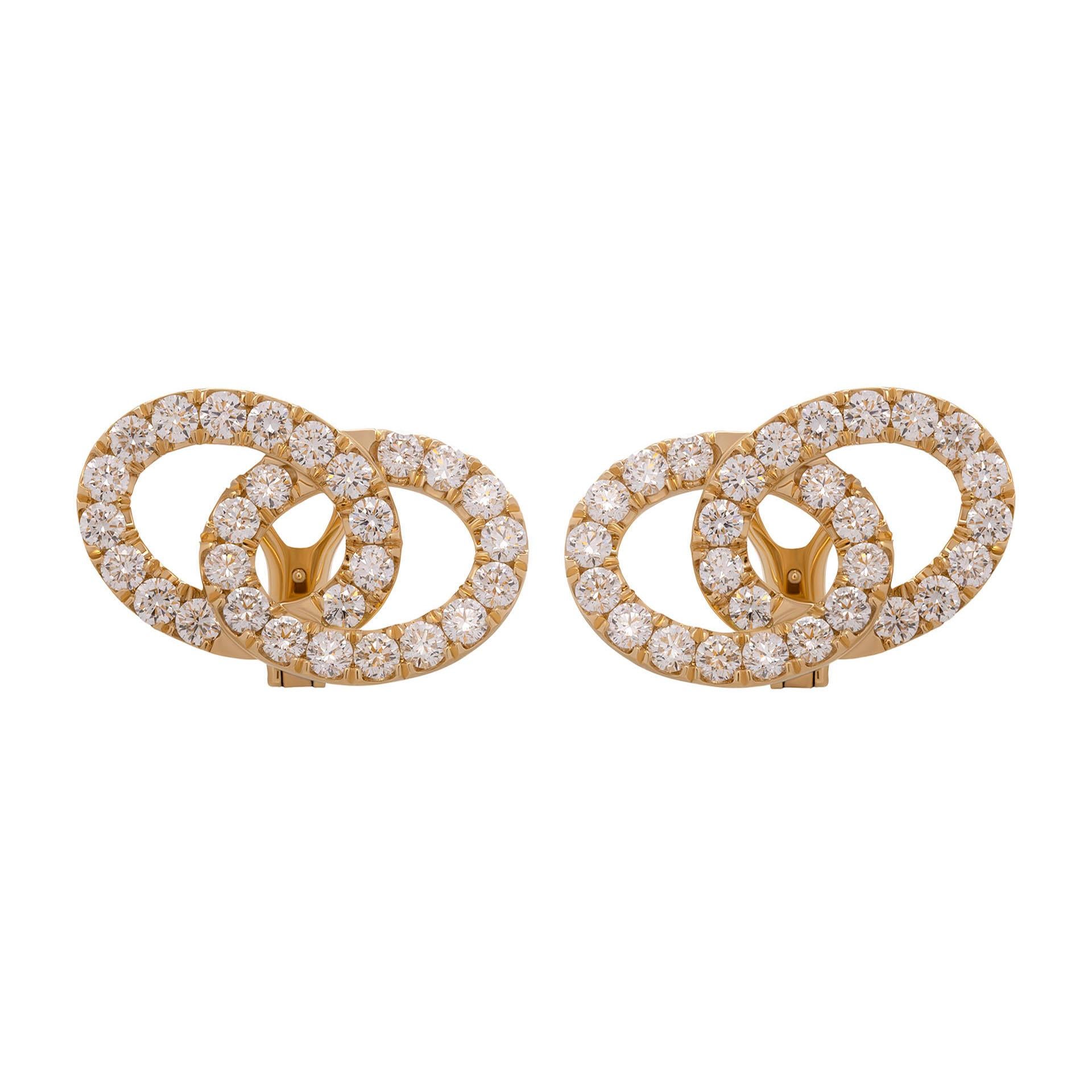Double Circle Overlap Earrings with diamonds in 18K Yellow Gold
with 56 diamonds 3.1mm each totaling 6.87 carat, 
F-G color VVS-VS clarity 
