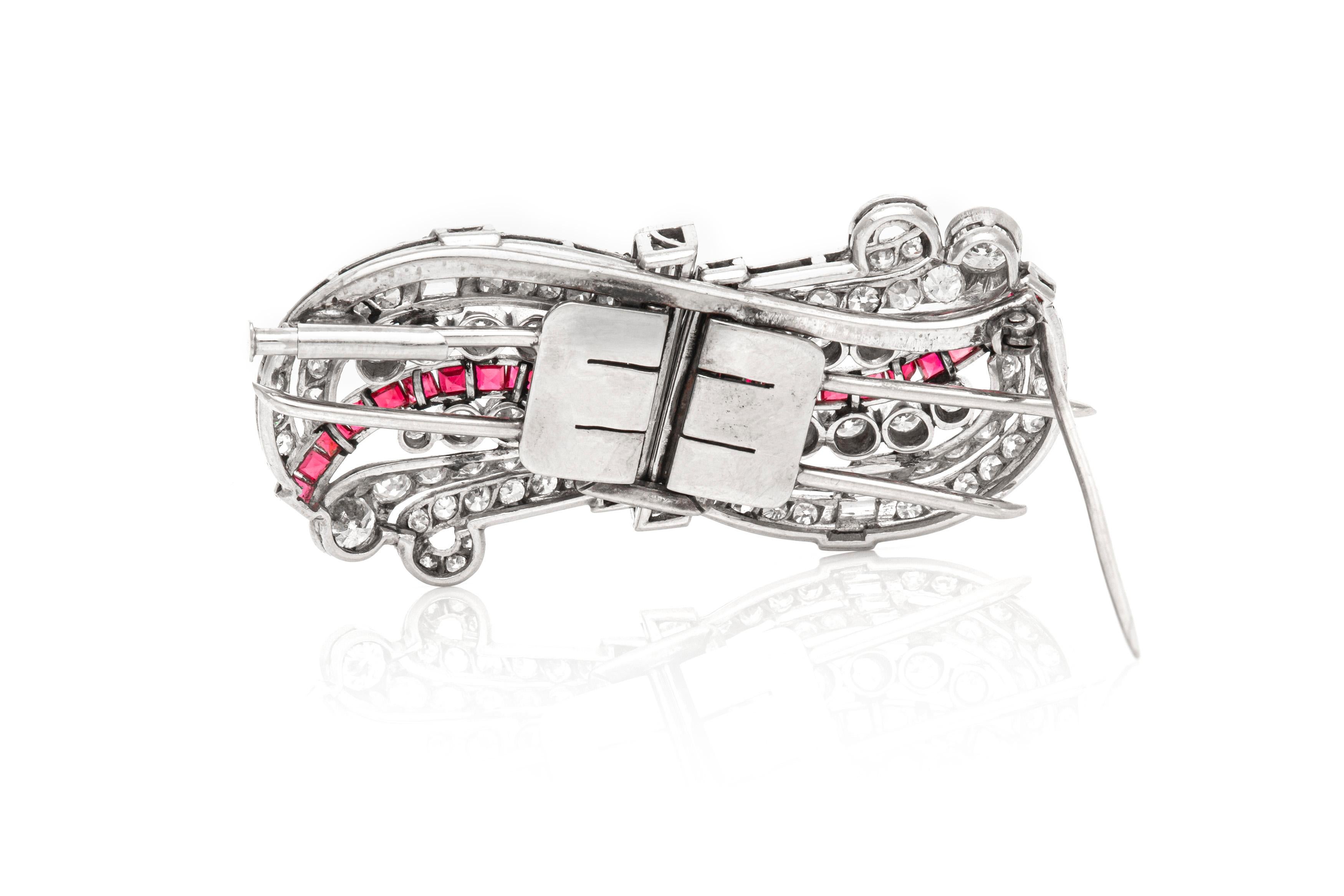 Women's Double Clip Platinum with Ruby and Diamonds For Sale