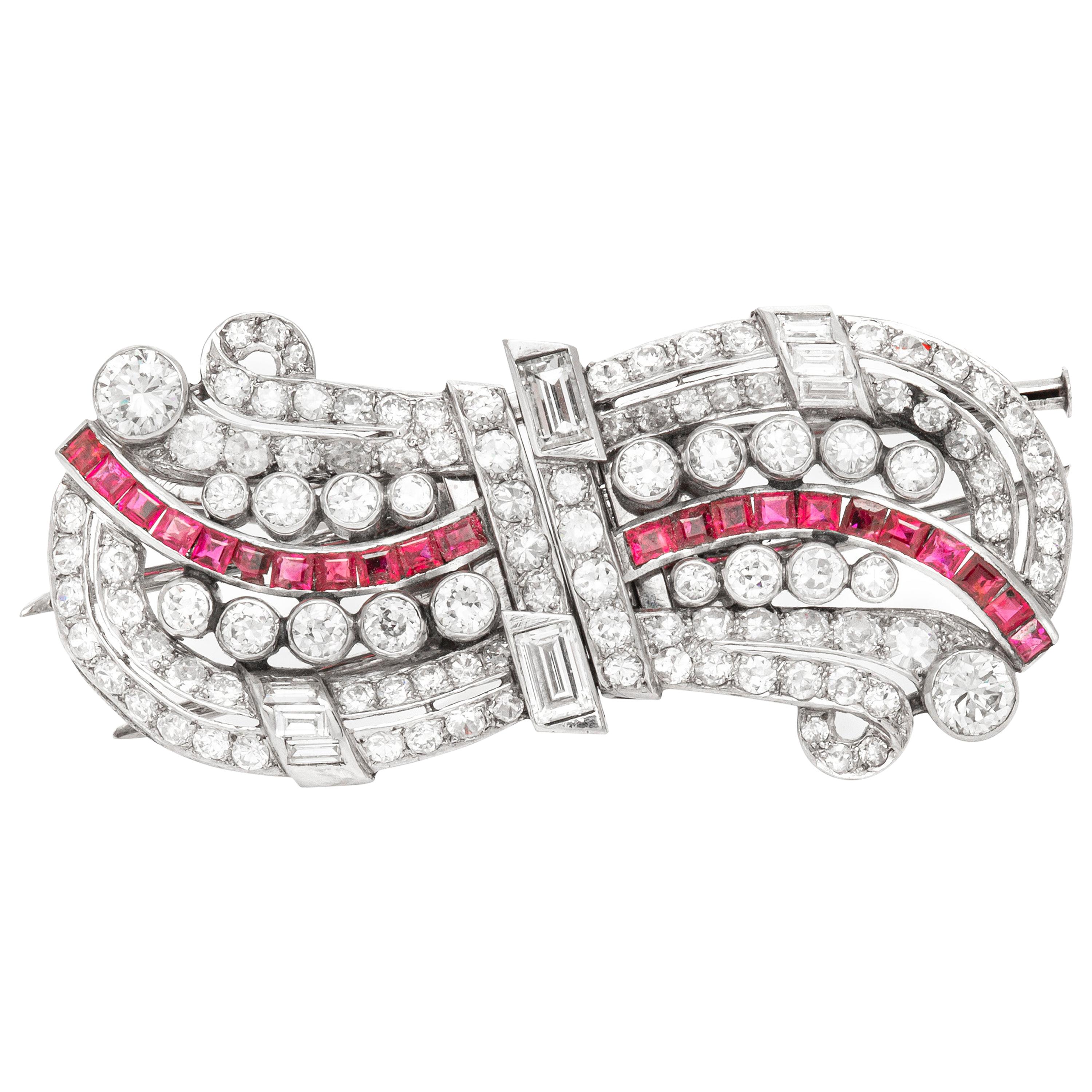Double Clip Platinum with Ruby and Diamonds