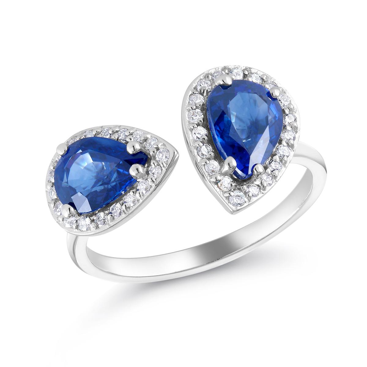 Contemporary Two Pear Shape Sapphires and Cluster Diamond Open Shank Cocktail Ring  