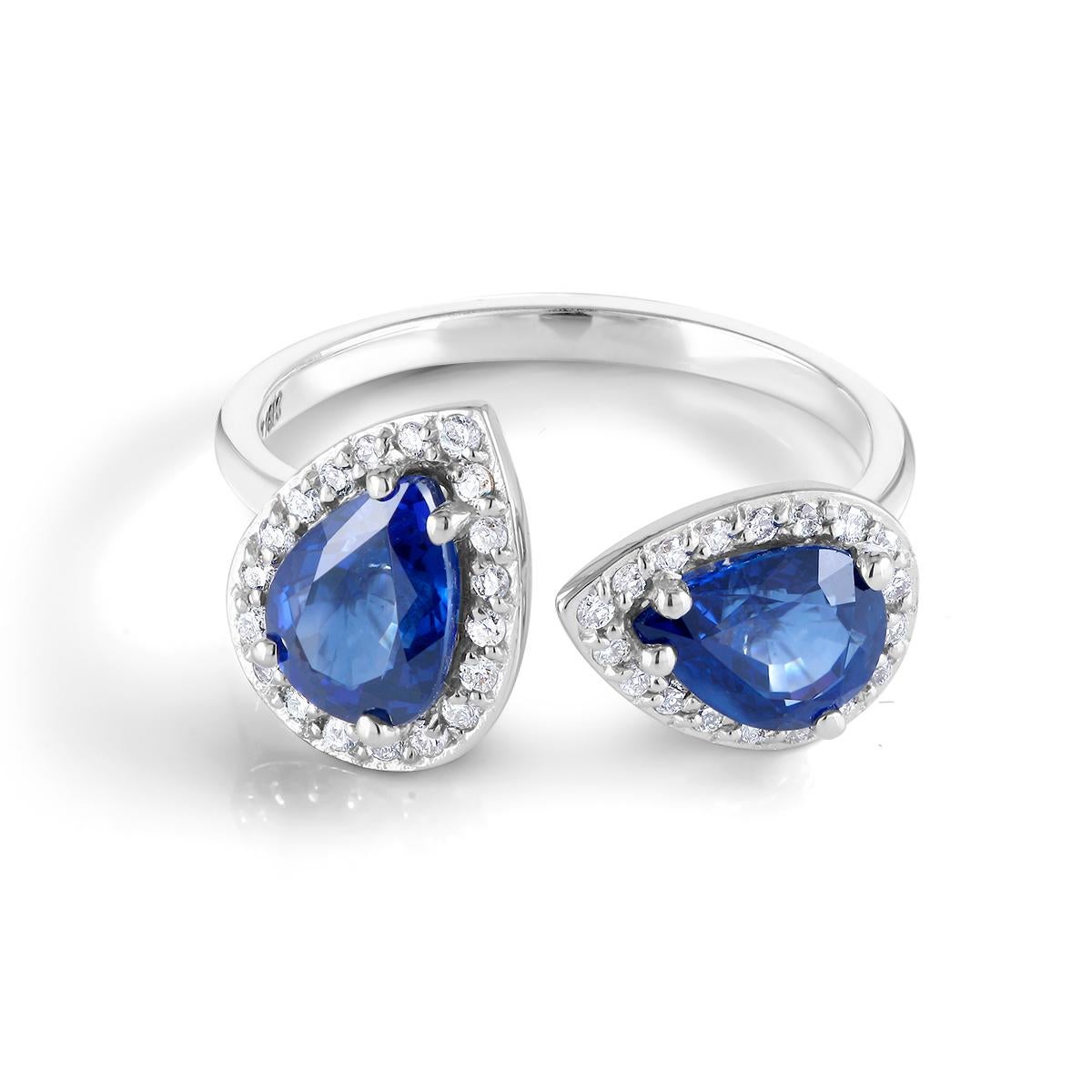 Two Pear Shape Sapphires and Cluster Diamond Open Shank Cocktail Ring   In New Condition In New York, NY