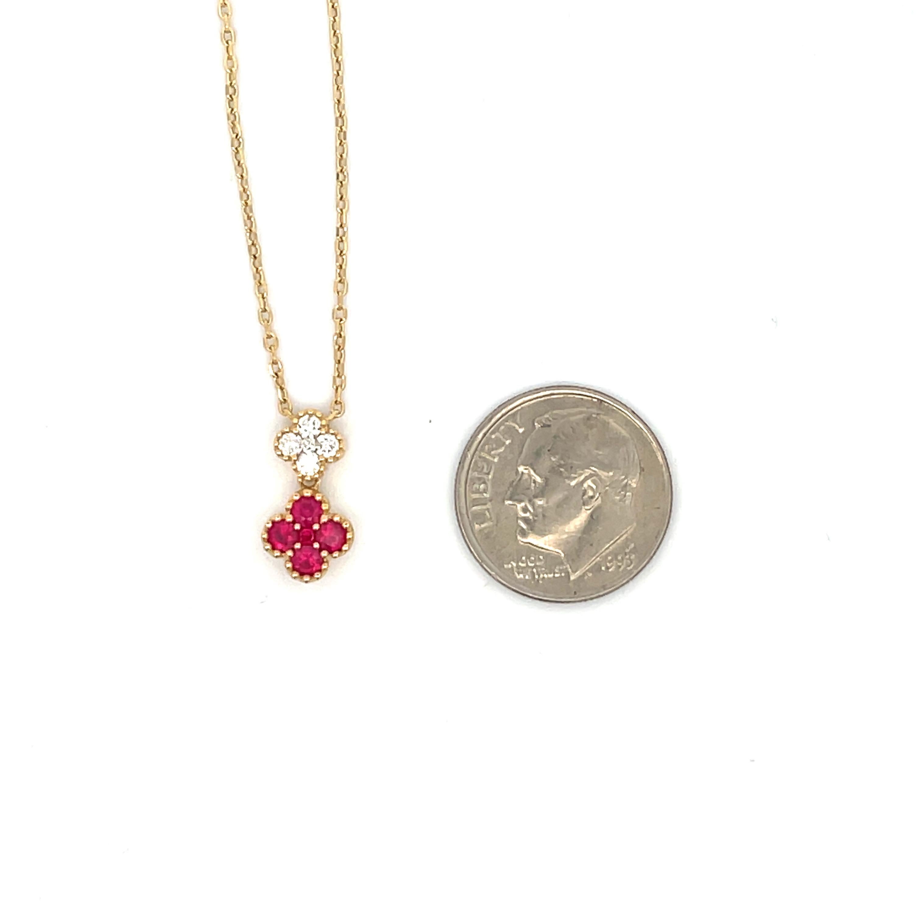 Double Cluster Ruby Diamond Pendant Necklace 0.47 Carats 18 Karat Yellow Gold In New Condition For Sale In New York, NY
