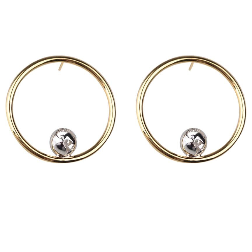 Double Color Gold and Rhodium Orbit Hoops Earrings by Cristina Ramella For Sale