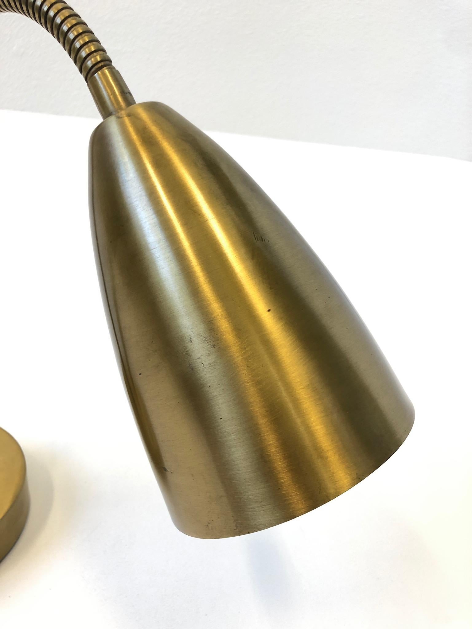 Mid-Century Modern Double Cone Satin Brass Gooseneck Table Lamp