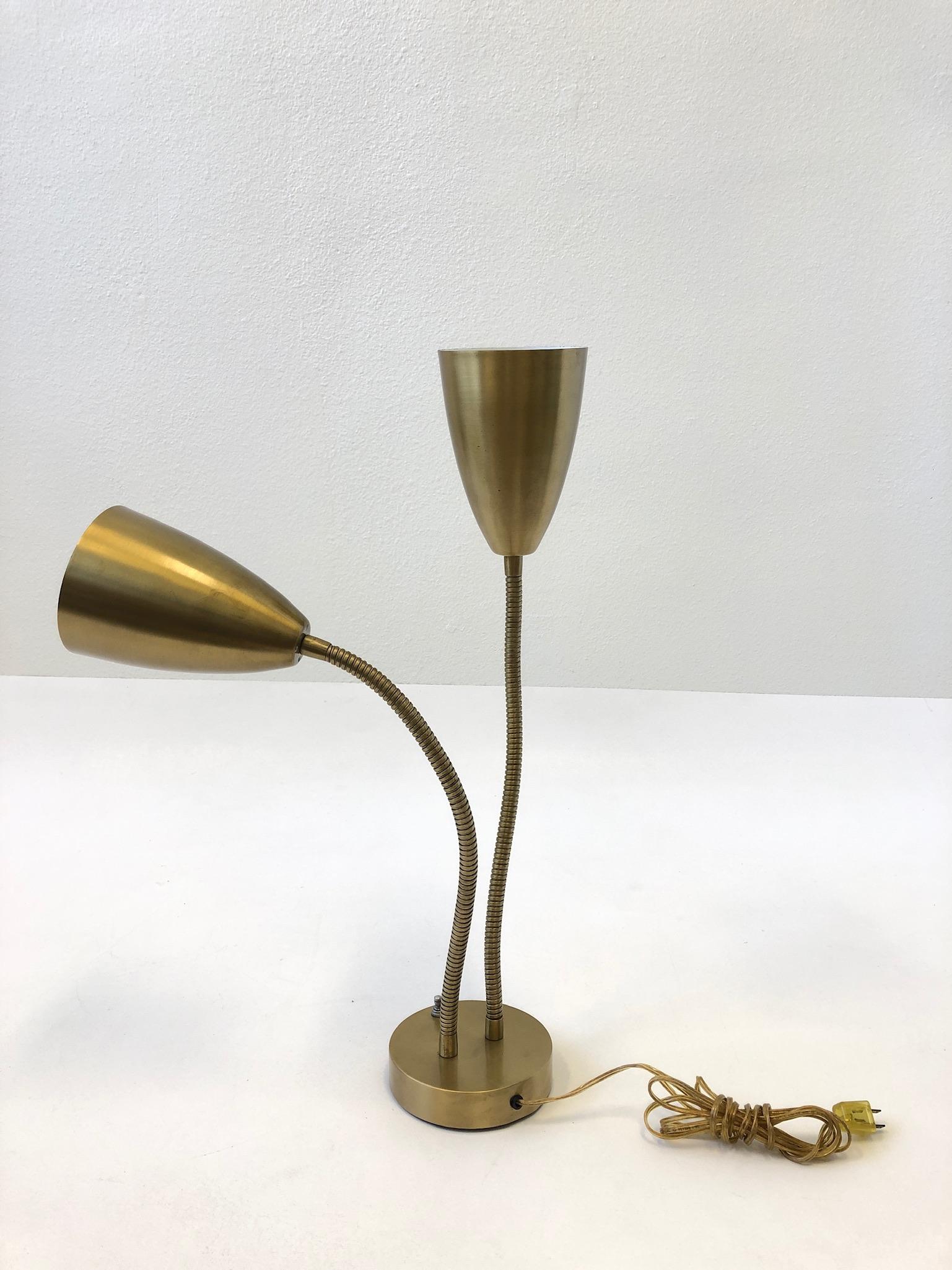 Double Cone Satin Brass Gooseneck Table Lamp In Good Condition In Palm Springs, CA