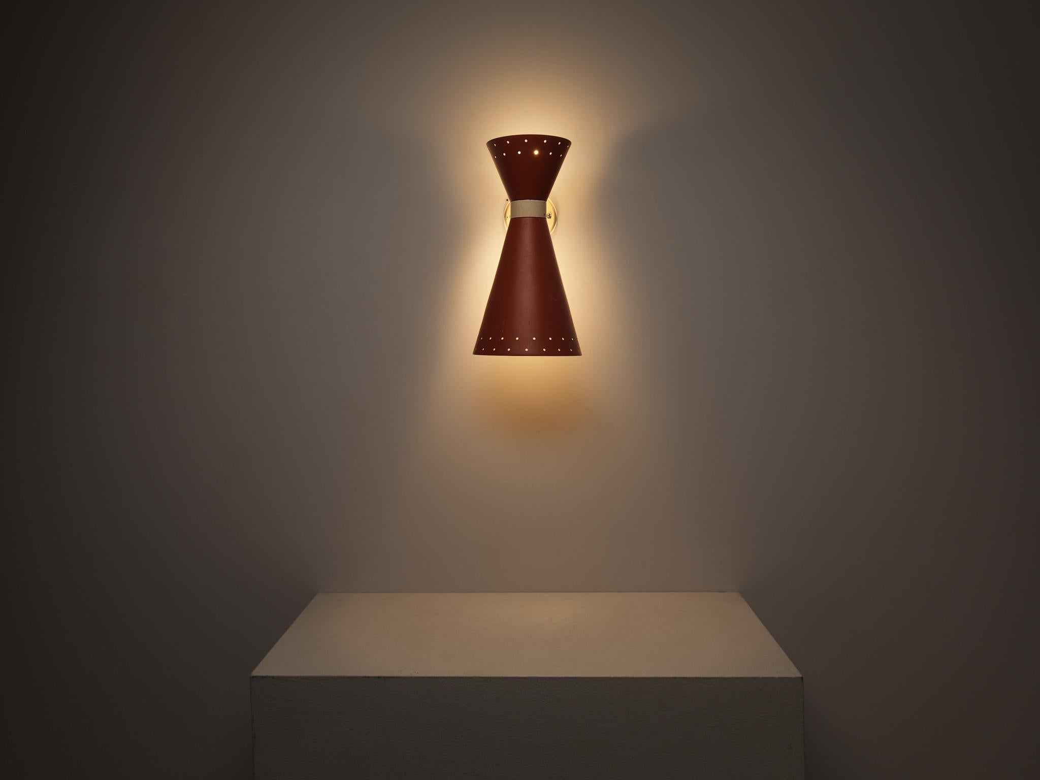 Mid-20th Century Double Cone Wall Light in Red Coated Aluminum 