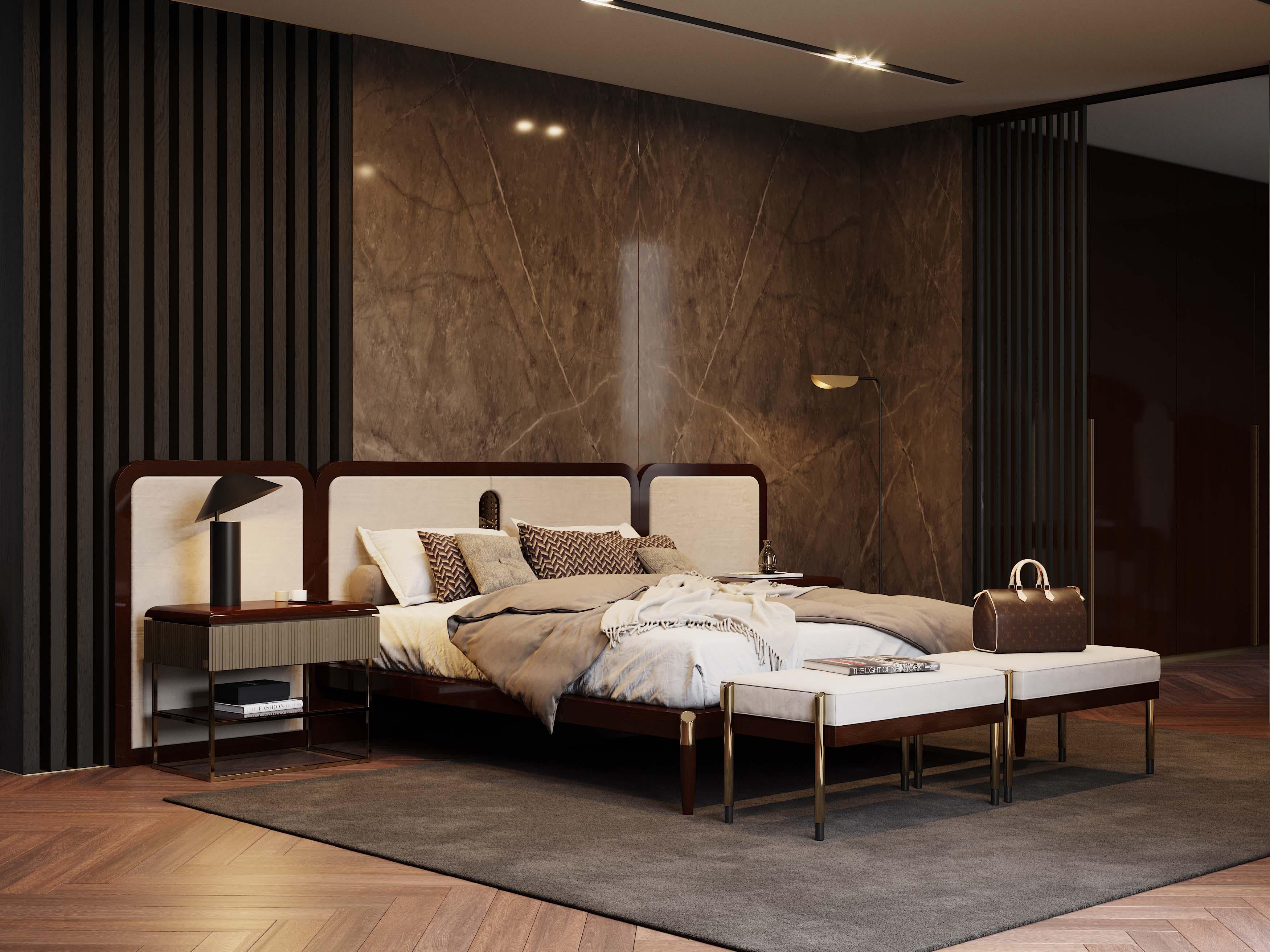  Zeitgenössisches Doppelbett aus hochglänzender Eiche, handgefertigt von Stylish Club (Portugiesisch) im Angebot