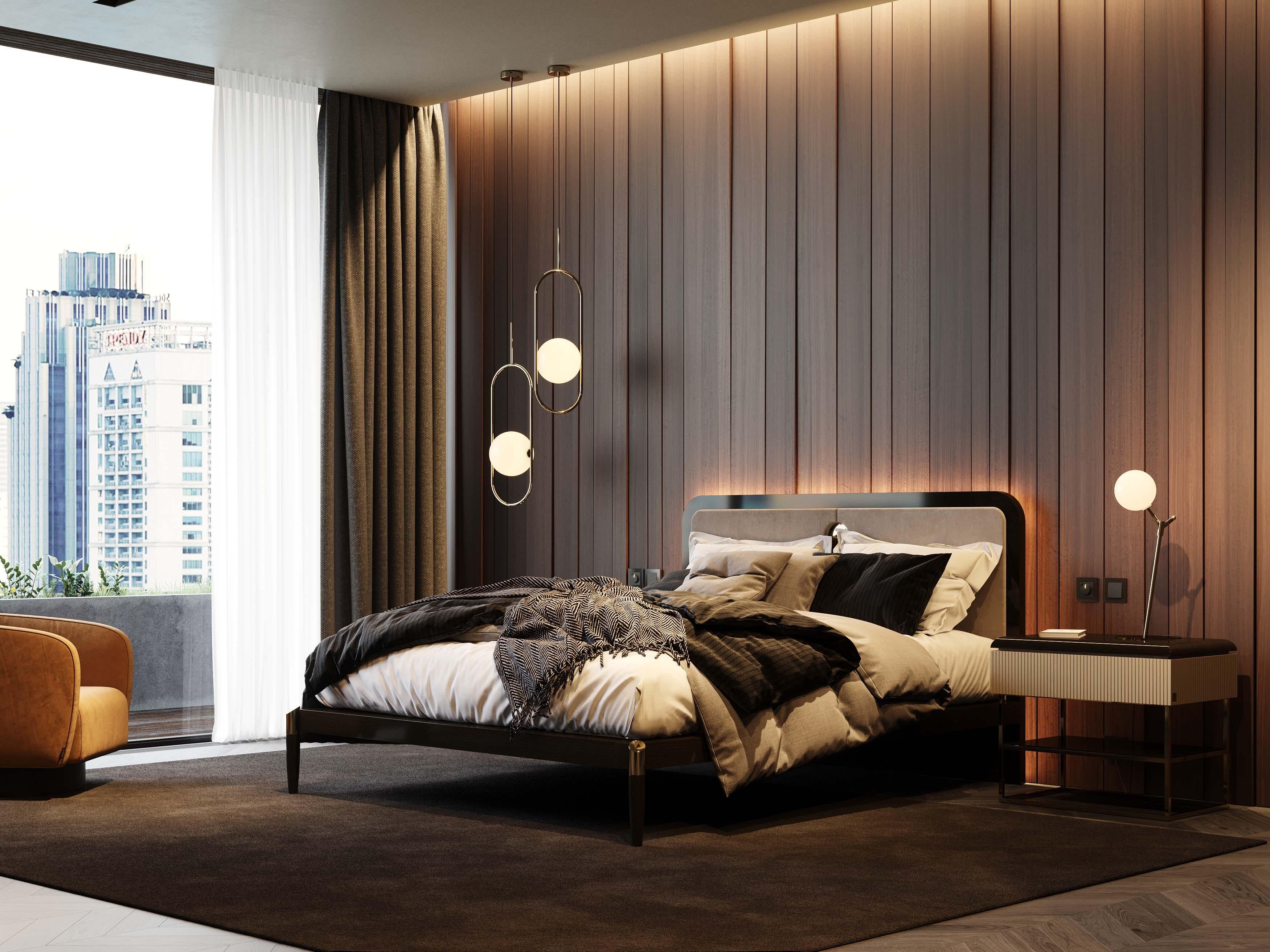  Zeitgenössisches Doppelbett aus hochglänzender Eiche, handgefertigt von Stylish Club (Handgefertigt) im Angebot
