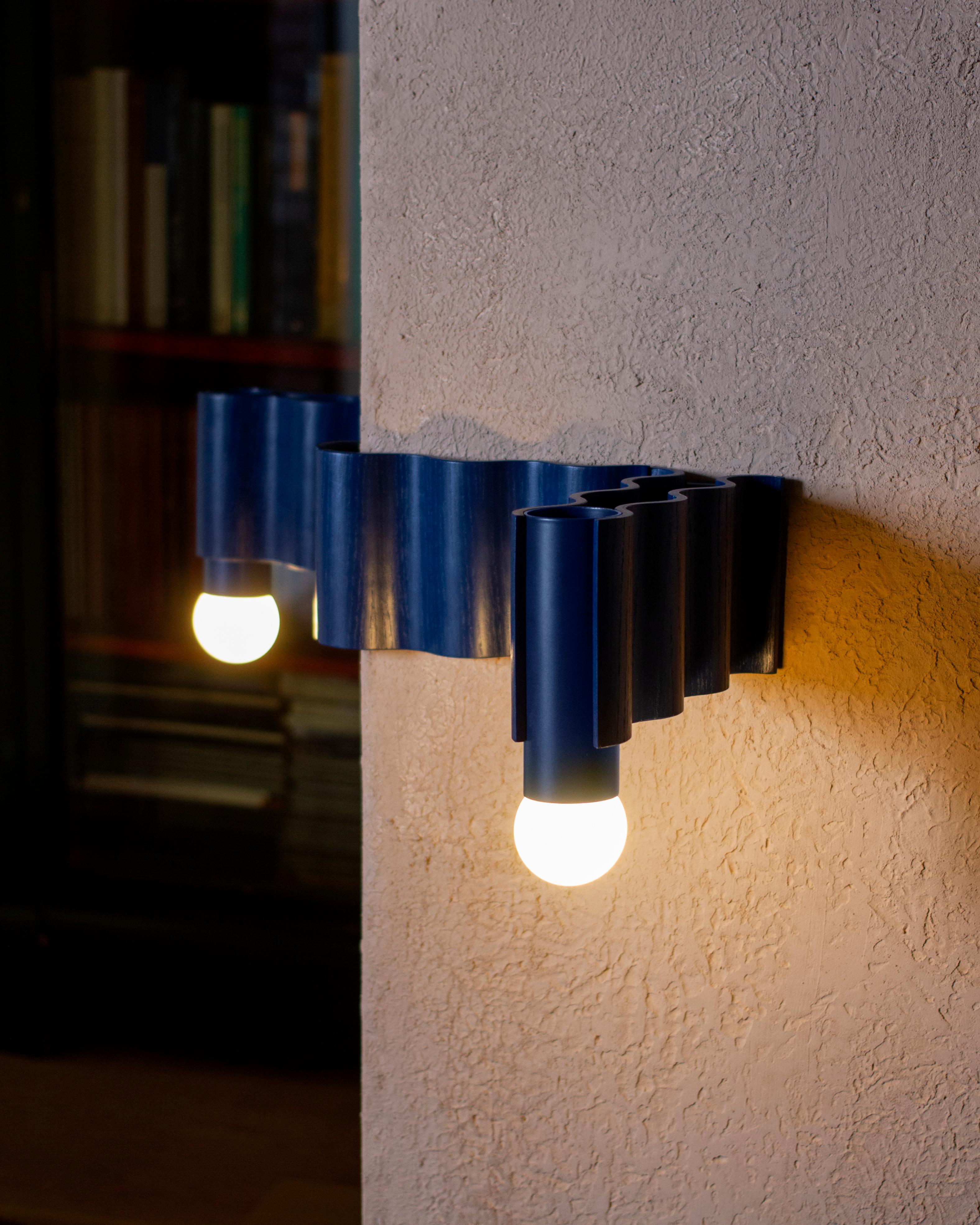 Double Corrugation Sconce / Wall Light in Natural Ash Veneer and Sapphire Blue For Sale 2