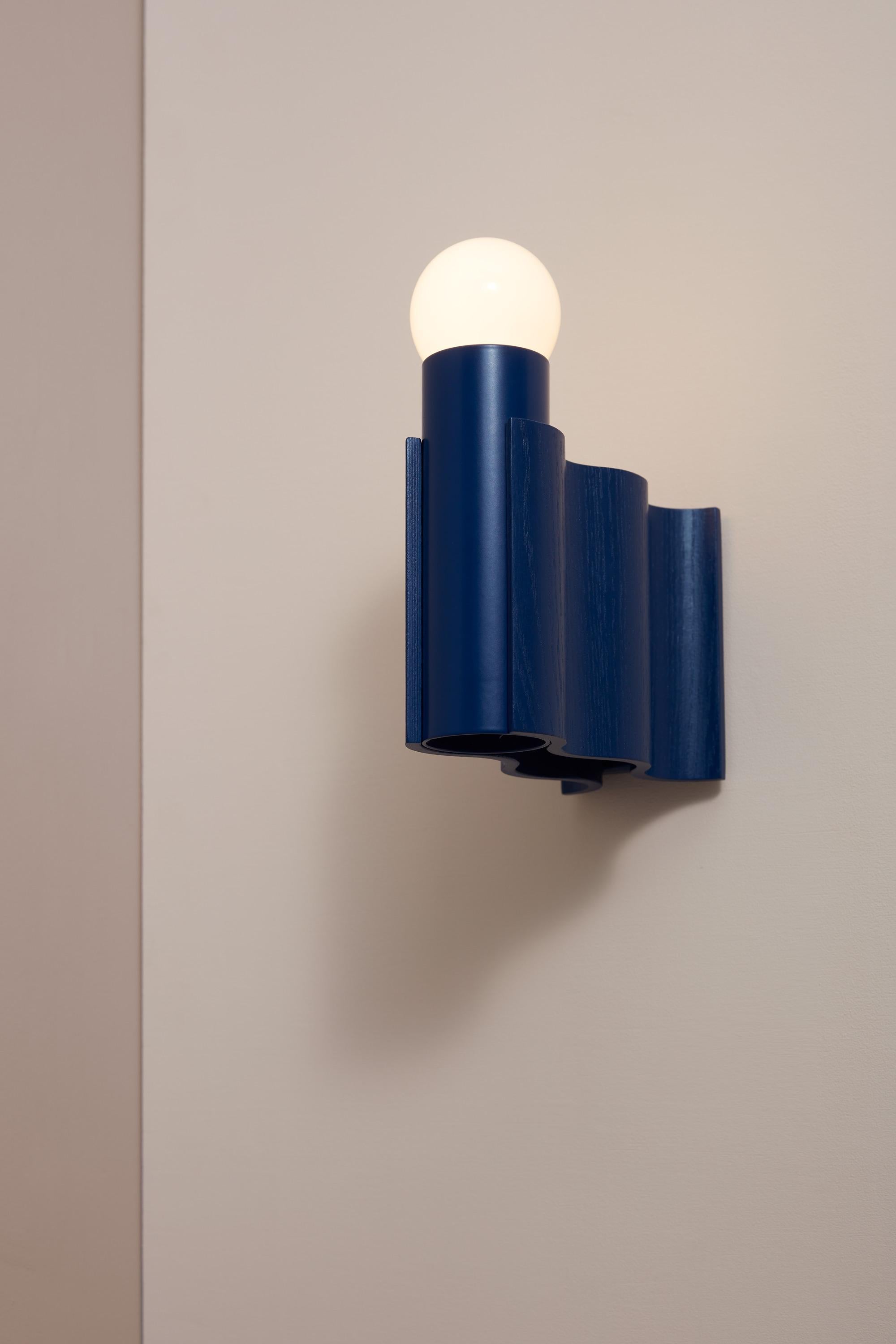 Double Corrugation Sconce / Wall Light in Natural Ash Veneer and Sapphire Blue For Sale 3