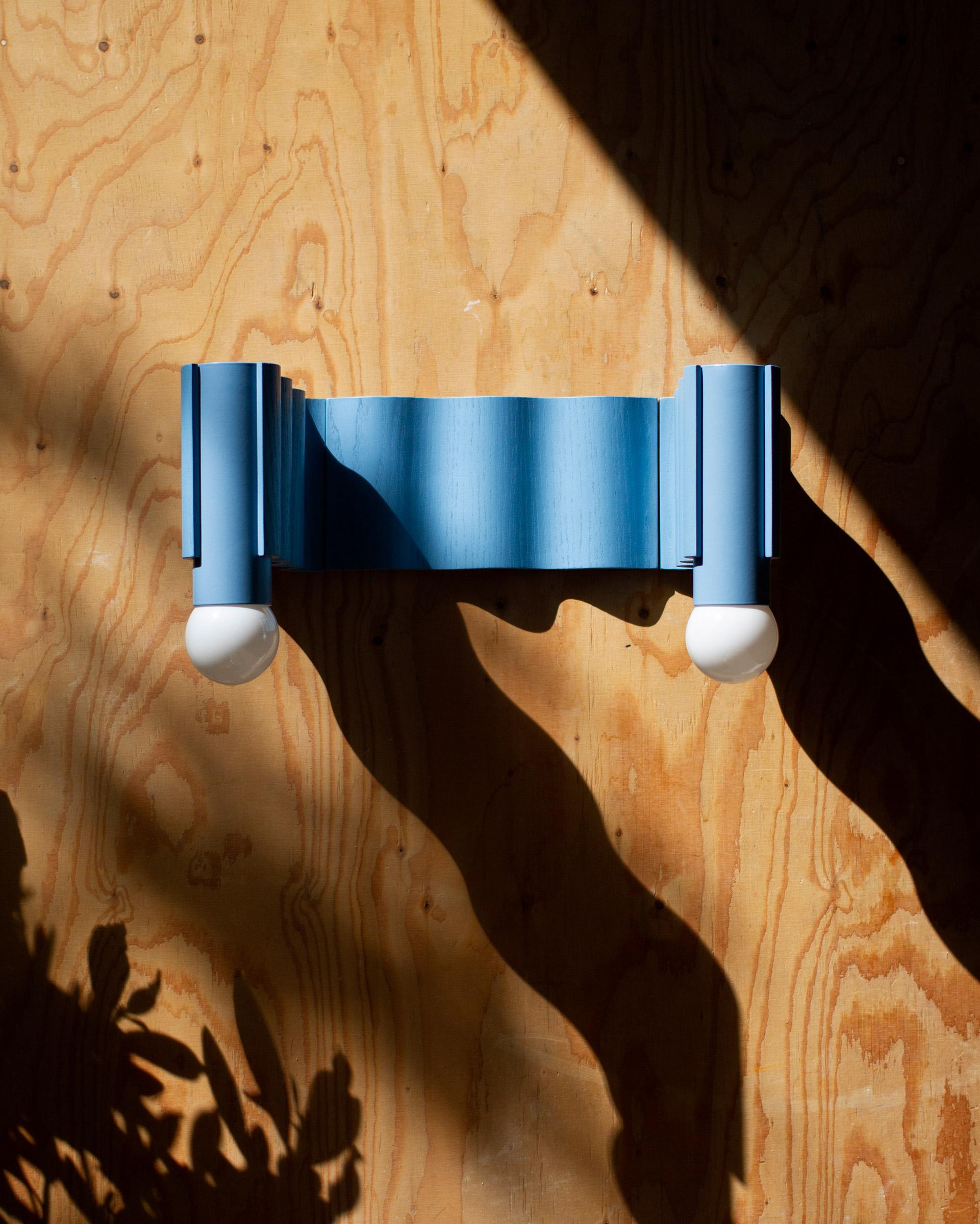 British Double Corrugation Sconce / Wall Light in Natural Ash Veneer and Sapphire Blue For Sale