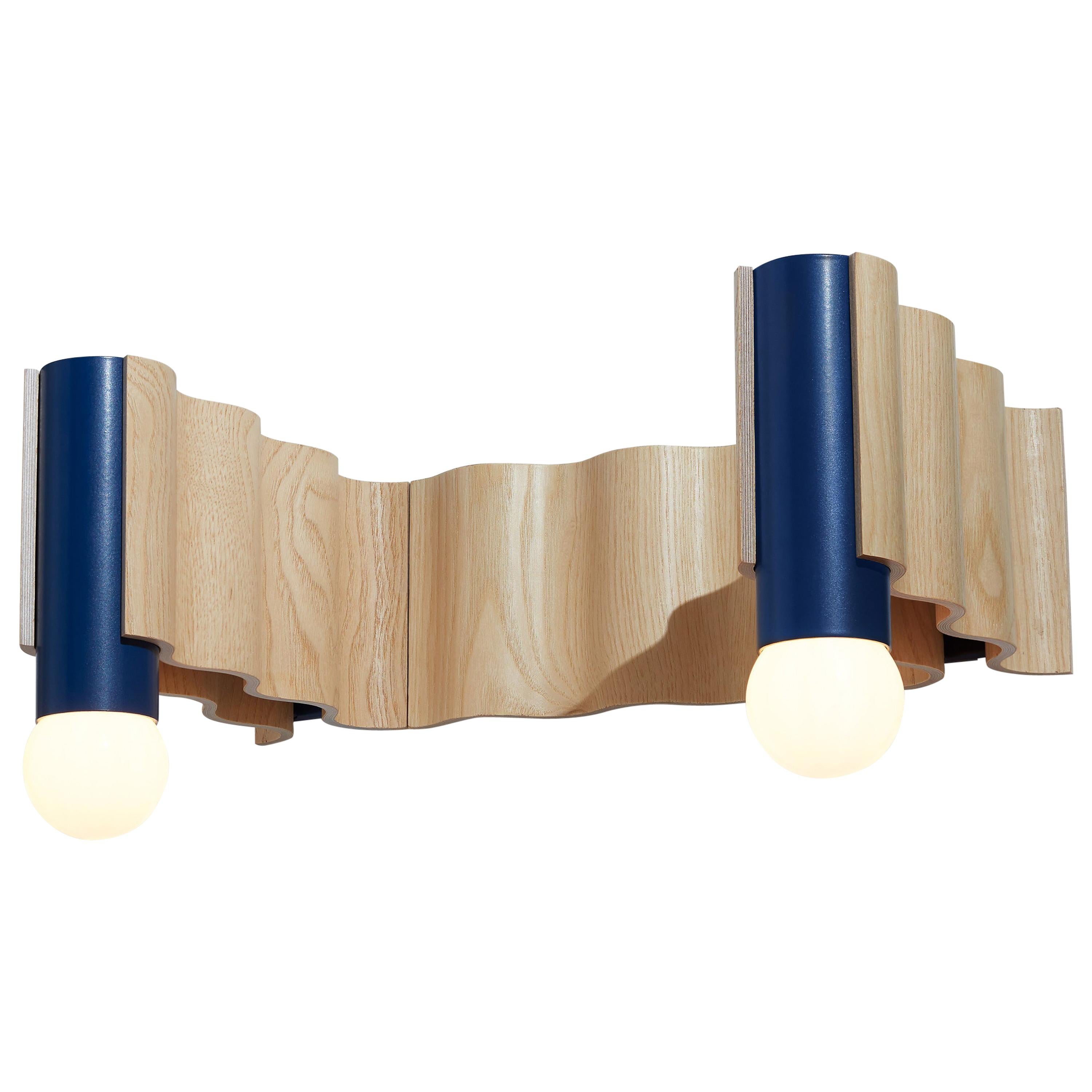 Double Corrugation Sconce / Wall Light in Natural Ash Veneer and Sapphire Blue For Sale