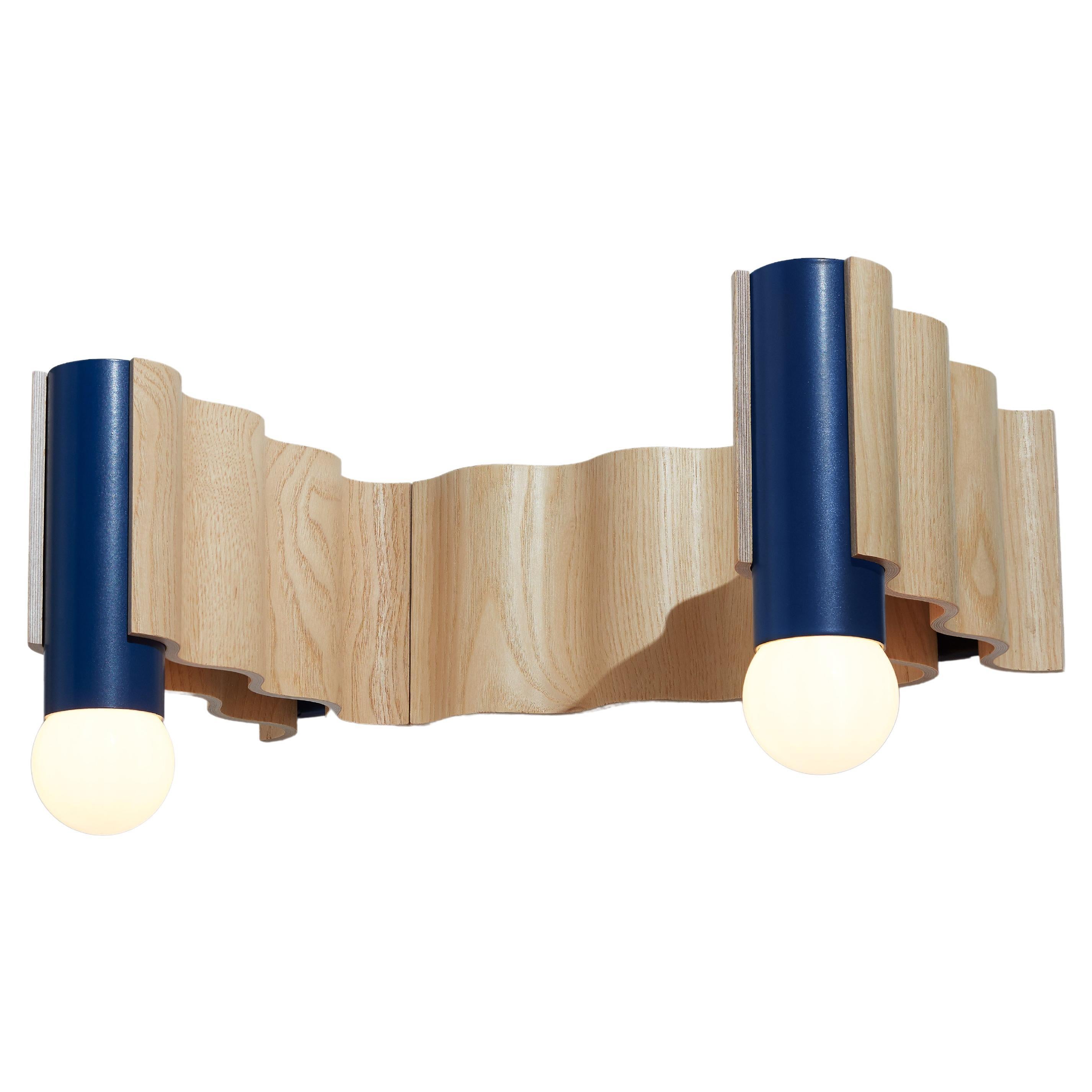 Double Corrugation Sconce / Wall Light in Natural Ash Veneer and Sapphire Blue For Sale