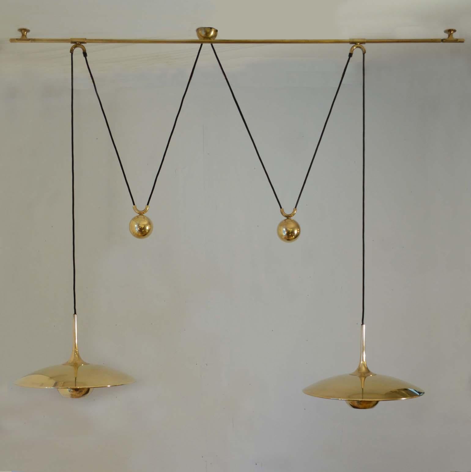 Mid-Century Modern Double Counterbalance Pendant Lamps Onos 40 in Brass by Florian Schulz, 1970s