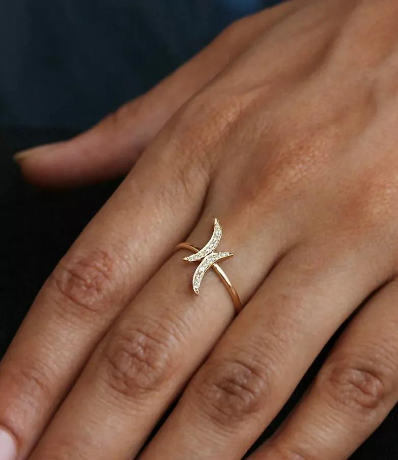 Art Deco Double Crescent Moon Genuine Diamond Ring Solid 14k Gold Handmade Jewelry Gift. For Sale