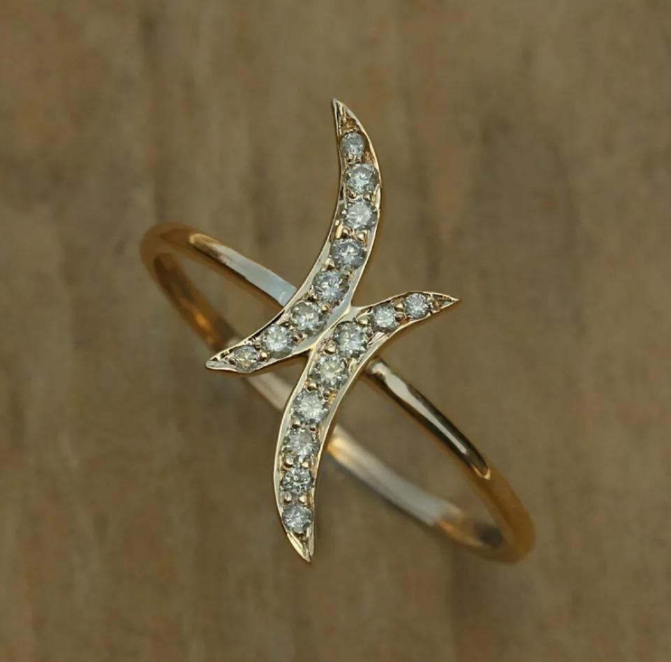 Round Cut Double Crescent Moon Genuine Diamond Ring Solid 14k Gold Handmade Jewelry Gift. For Sale