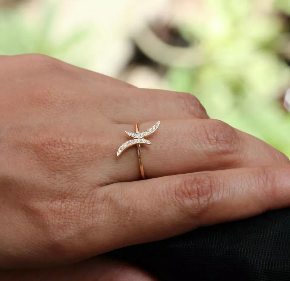 Double Crescent Moon Genuine Diamond Ring Solid 14k Gold Handmade Jewelry Gift. In New Condition For Sale In Chicago, IL