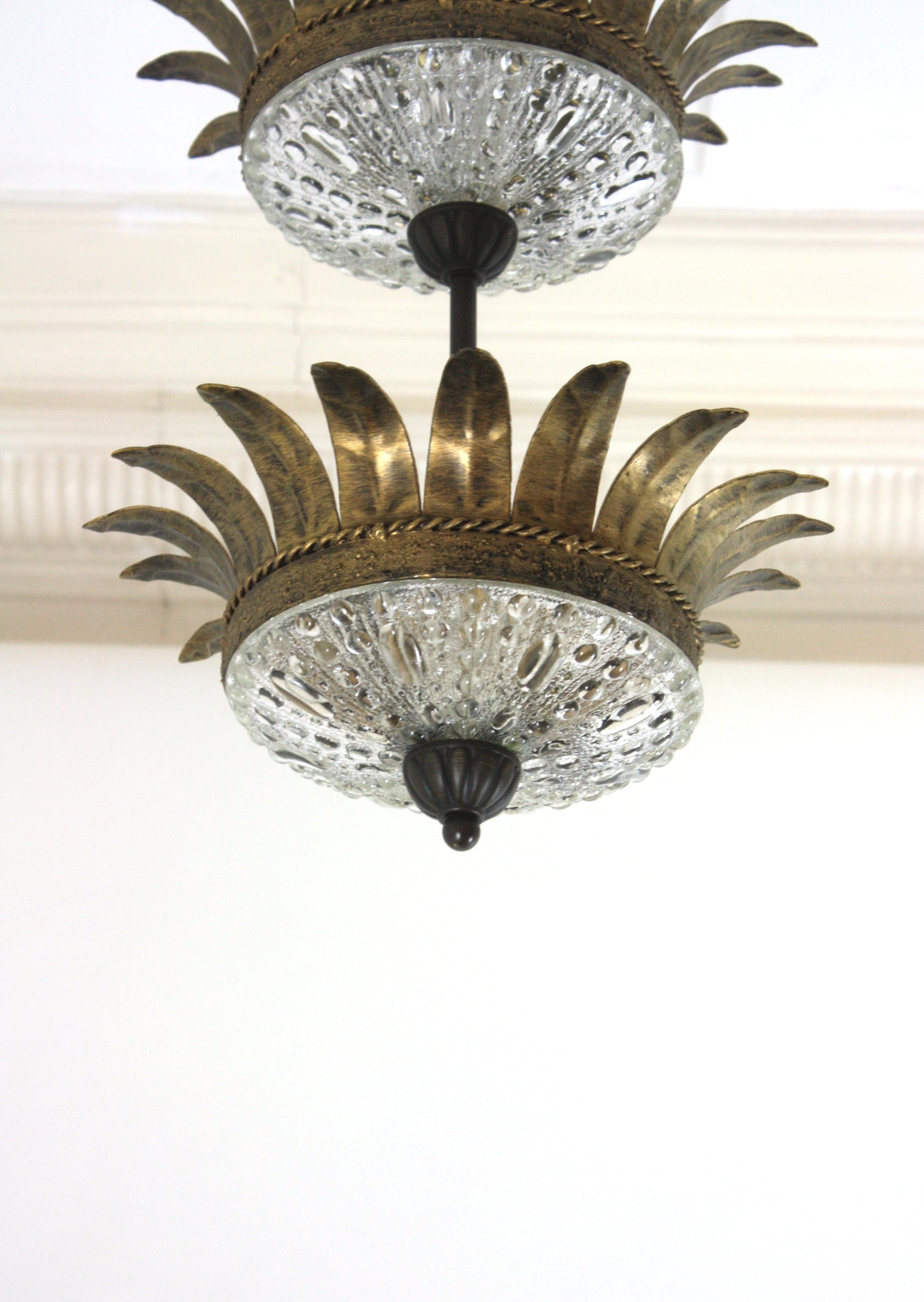 Double Crown Sunburst Pendant Light Fixture in Gilt Iron & Glass, Spain 1950 For Sale 3