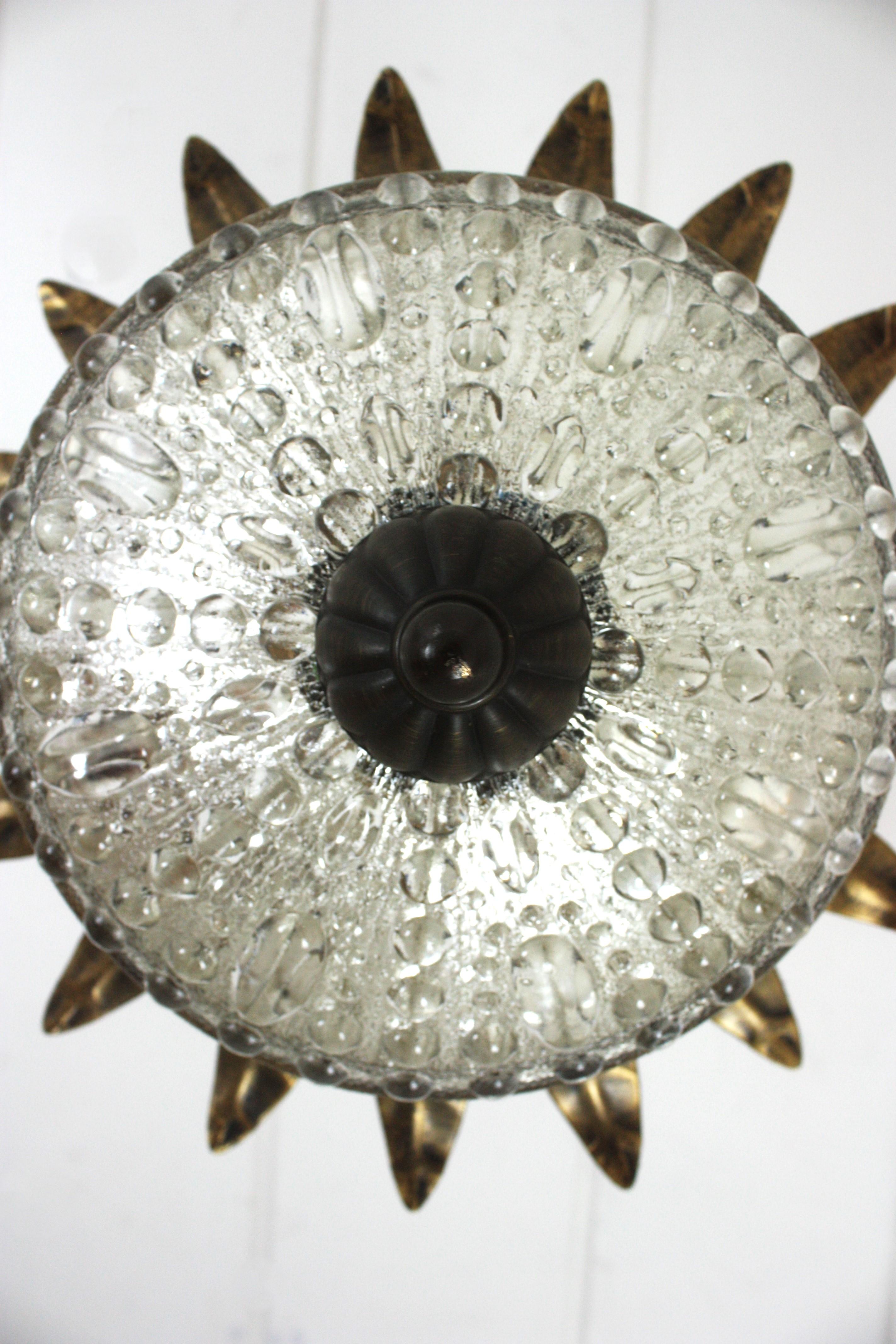 Double Crown Sunburst Pendant Light Fixture in Gilt Iron & Glass, Spain 1950 For Sale 4