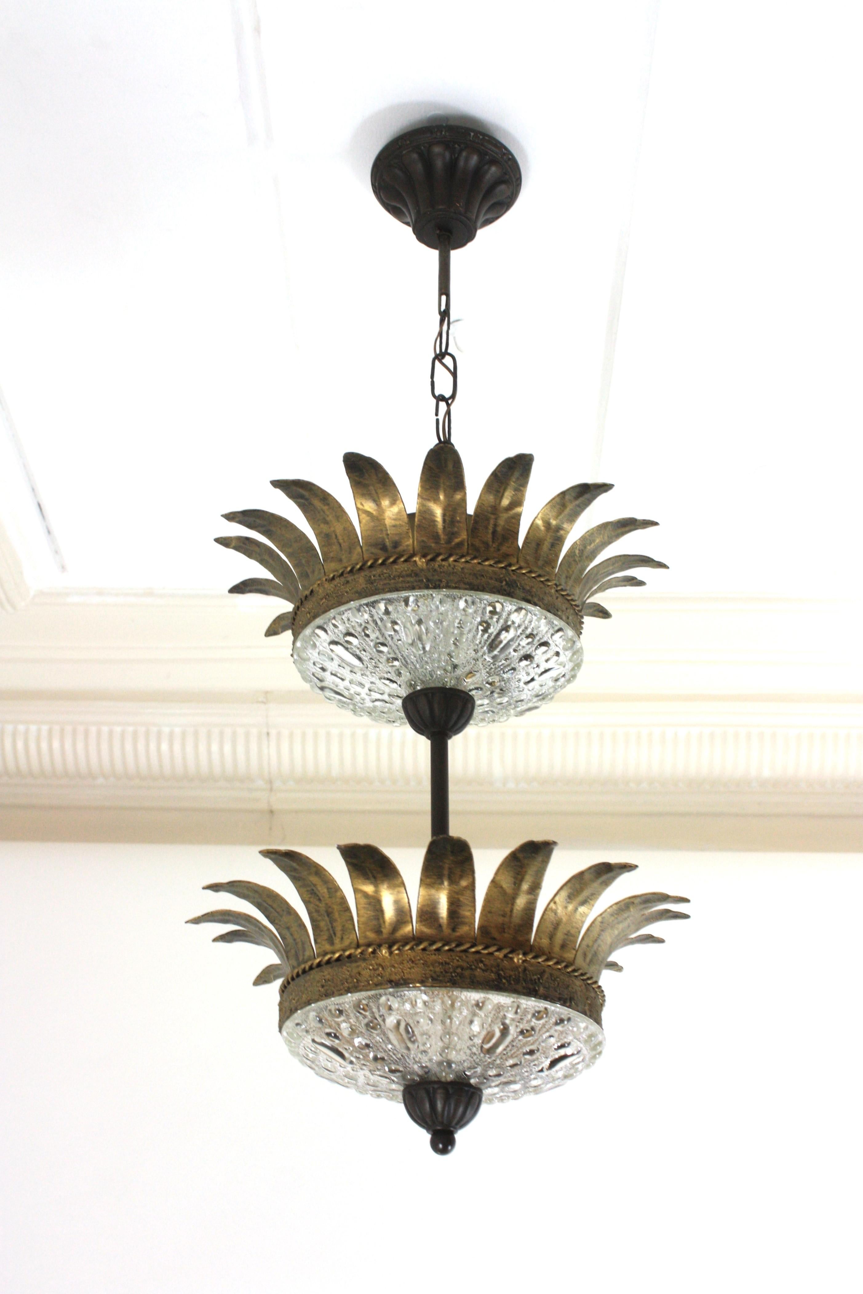 Double Crown Sunburst Pendant Light Fixture in Gilt Iron & Glass, Spain 1950 For Sale 5