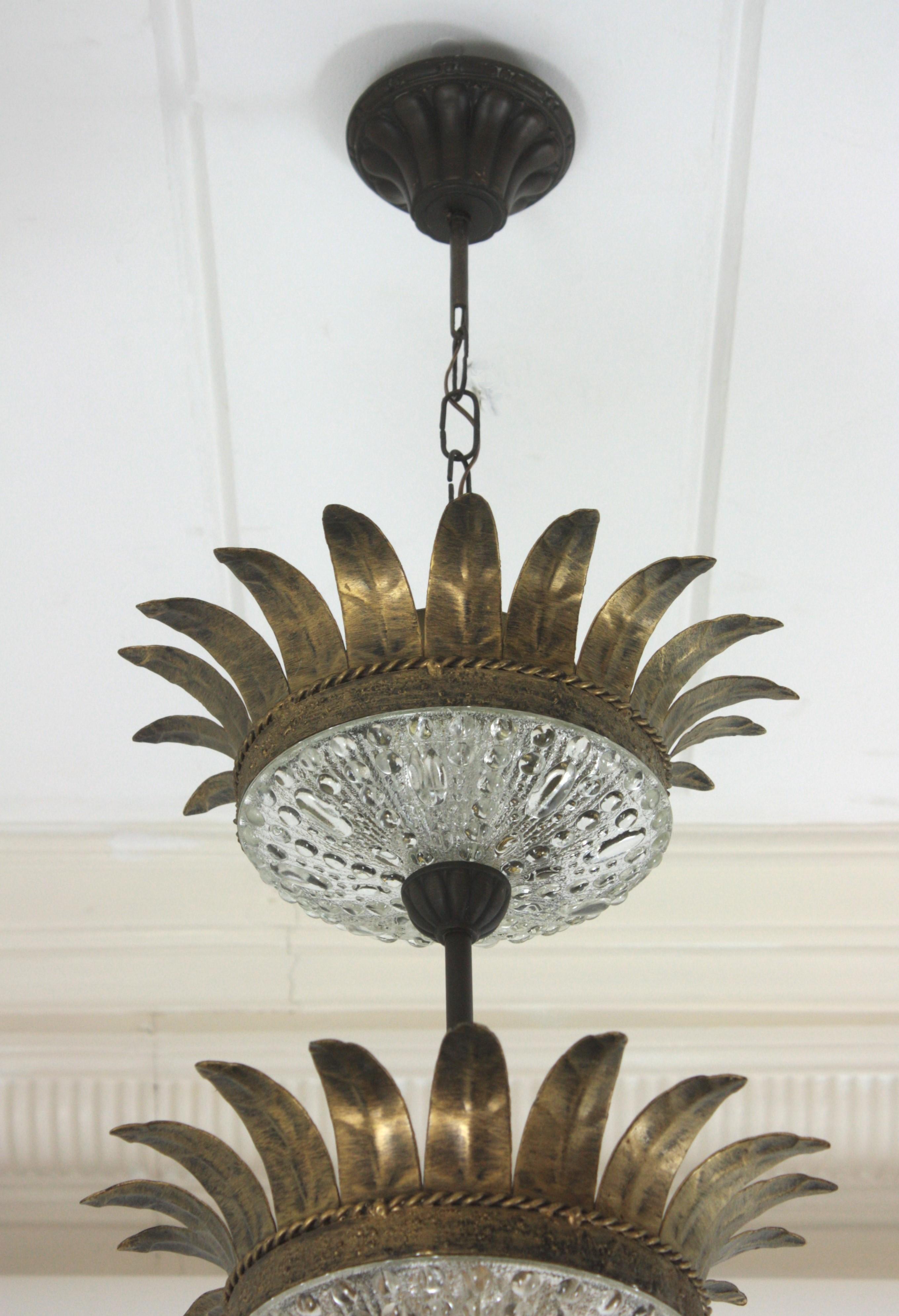 Double Crown Sunburst Pendant Light Fixture in Gilt Iron & Glass, Spain 1950 For Sale 6