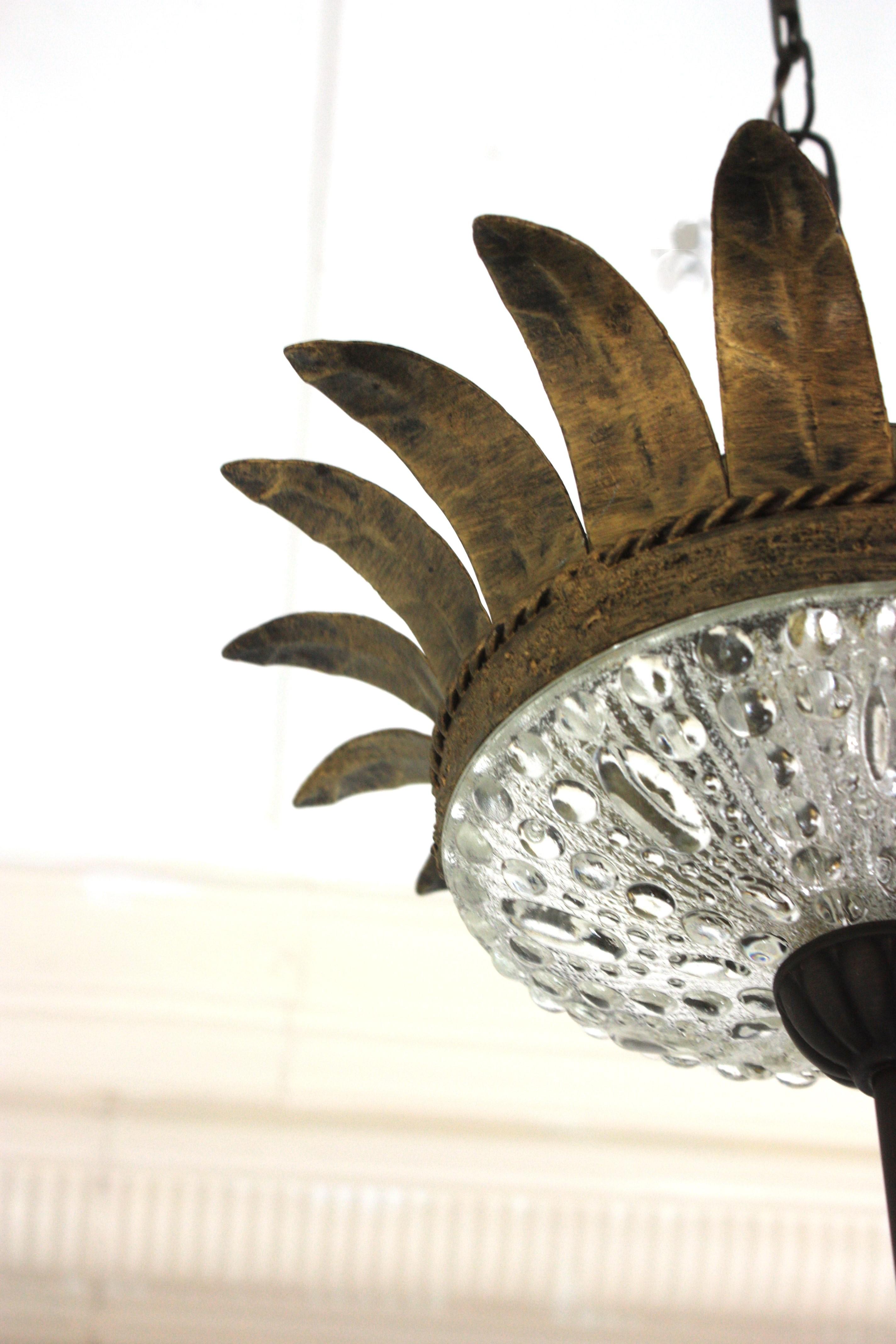 Double Crown Sunburst Pendant Light Fixture in Gilt Iron & Glass, Spain 1950 For Sale 7