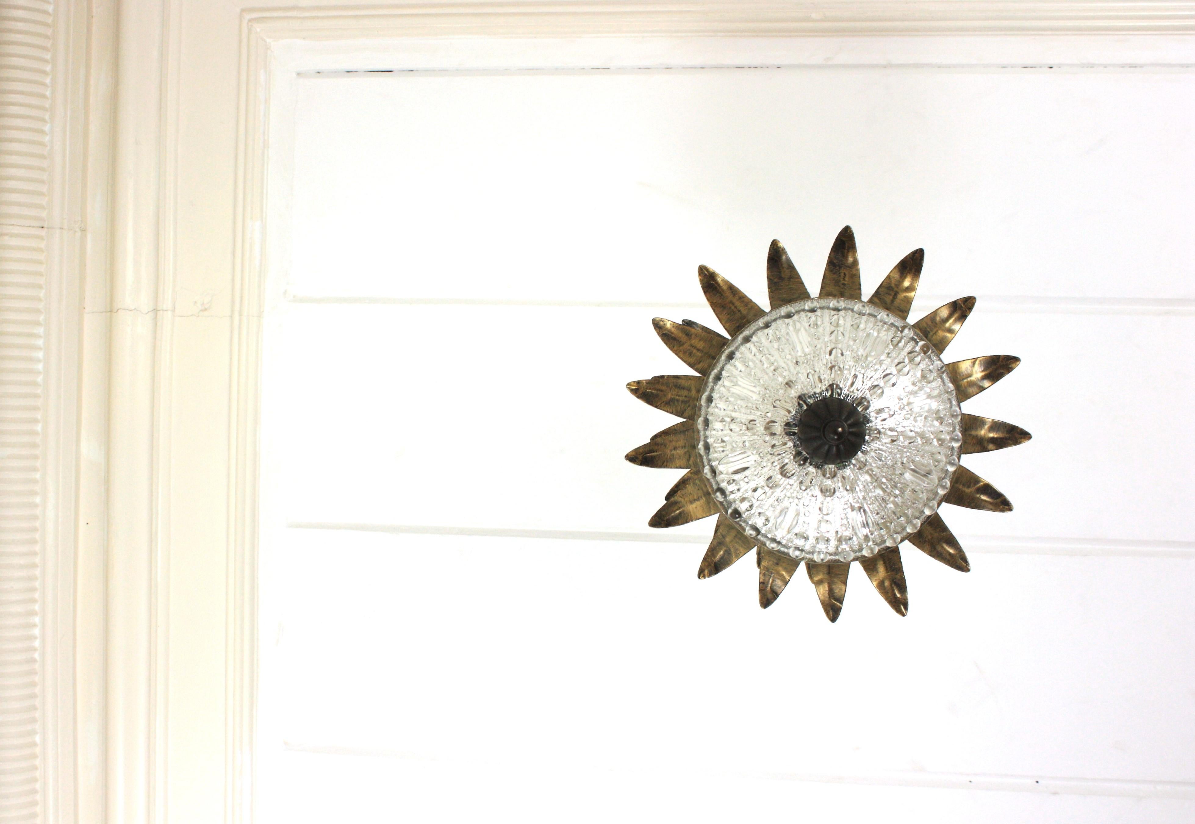 Double Crown Sunburst Pendant Light Fixture in Gilt Iron & Glass, Spain 1950 For Sale 9