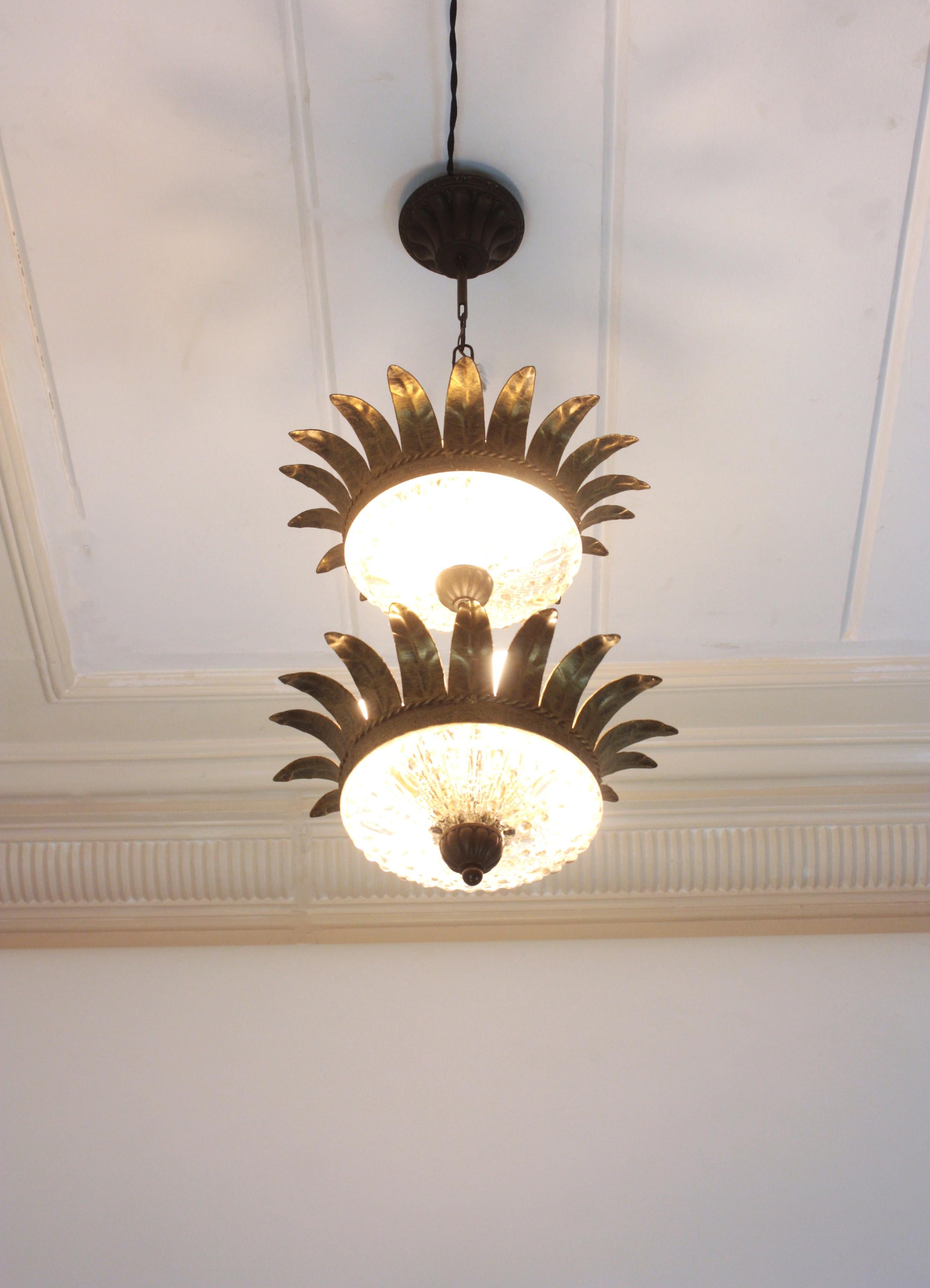 Double Crown Sunburst Pendant Light Fixture in Gilt Iron & Glass, Spain 1950 For Sale 10