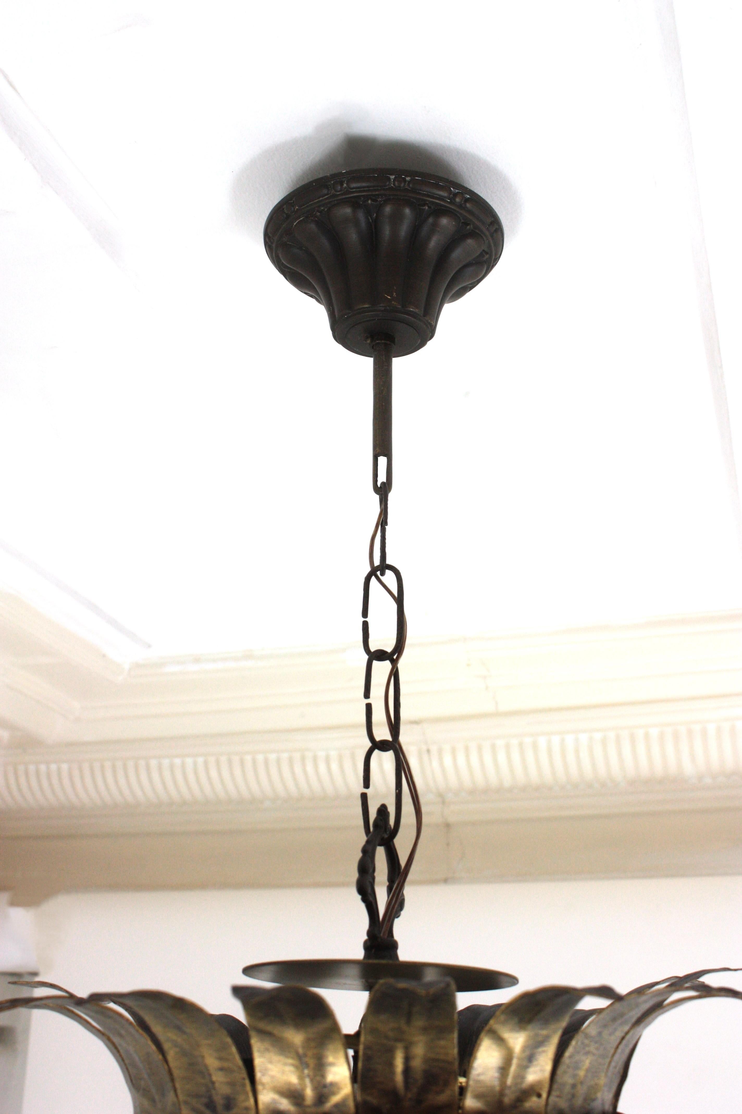 Double Crown Sunburst Pendant Light Fixture in Gilt Iron & Glass, Spain 1950 For Sale 11