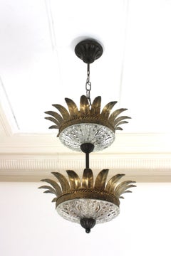 Double Crown Sunburst Pendant Light Fixture in Gilt Iron & Glass, Spain 1950