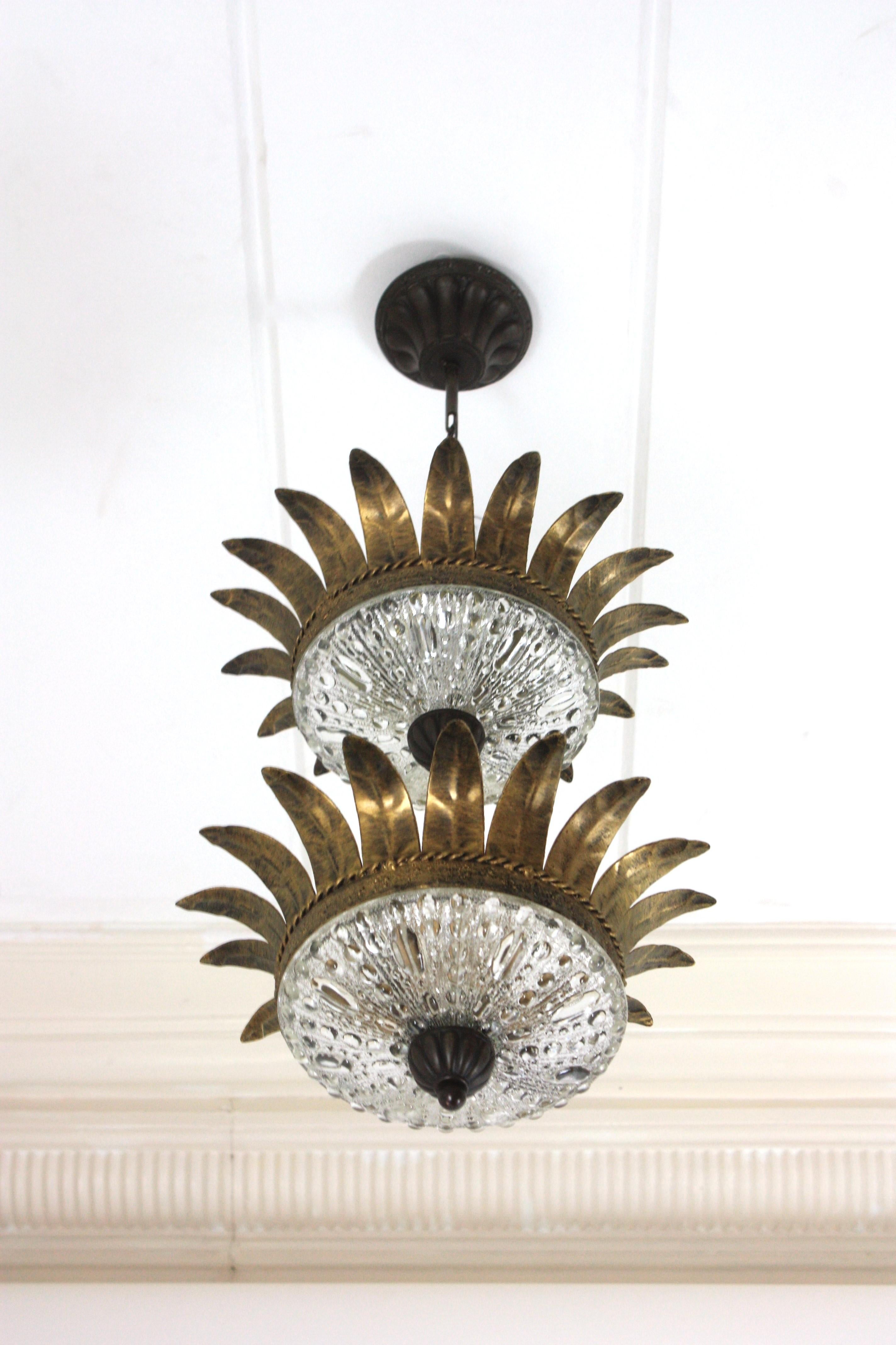 Double Crown Sunburst Pendant Light Fixture in Gilt Iron & Glass, Spain 1950 For Sale 13