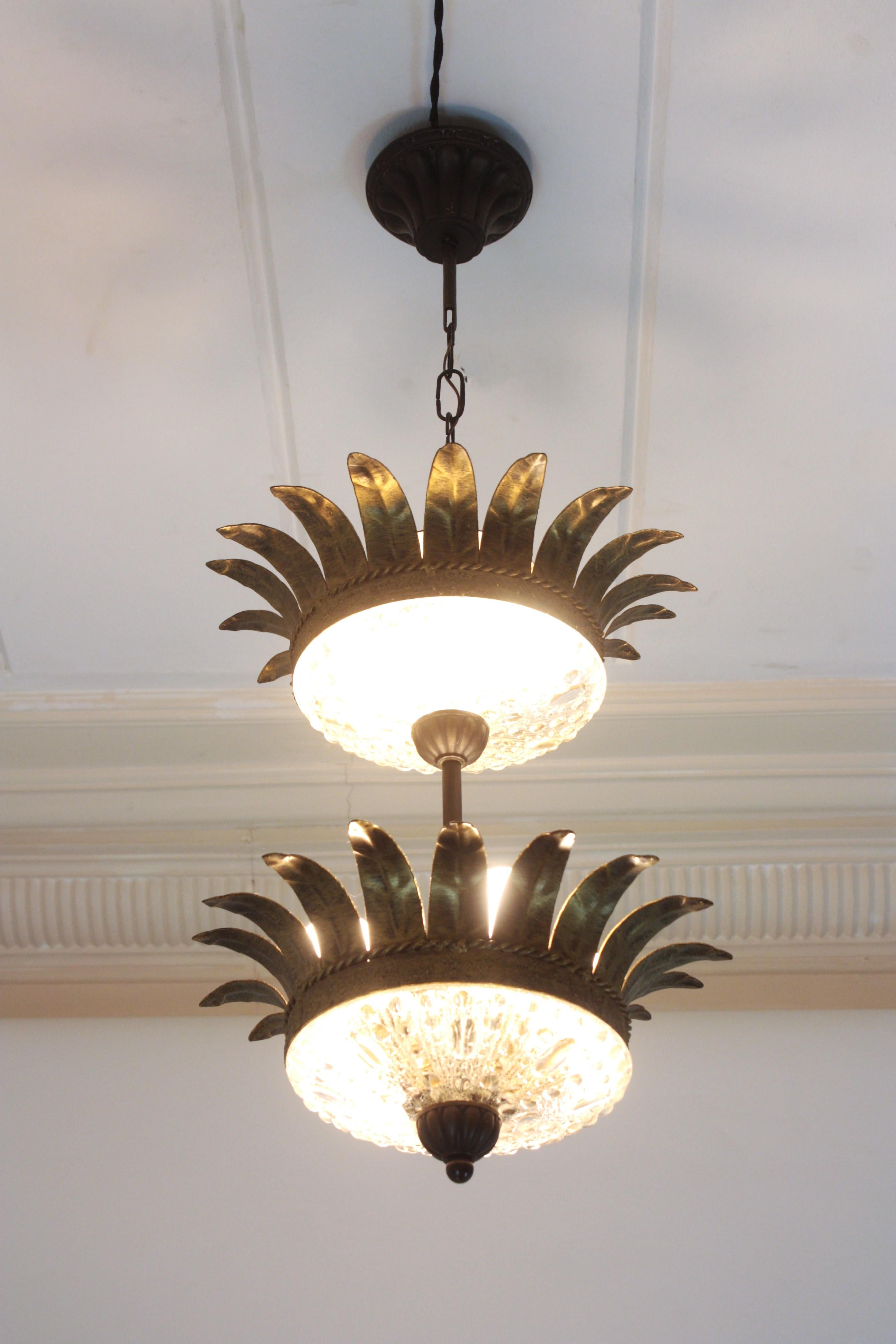 Mid-Century Modern Double Crown Sunburst Pendant Light Fixture in Gilt Iron & Glass, Spain 1950 For Sale