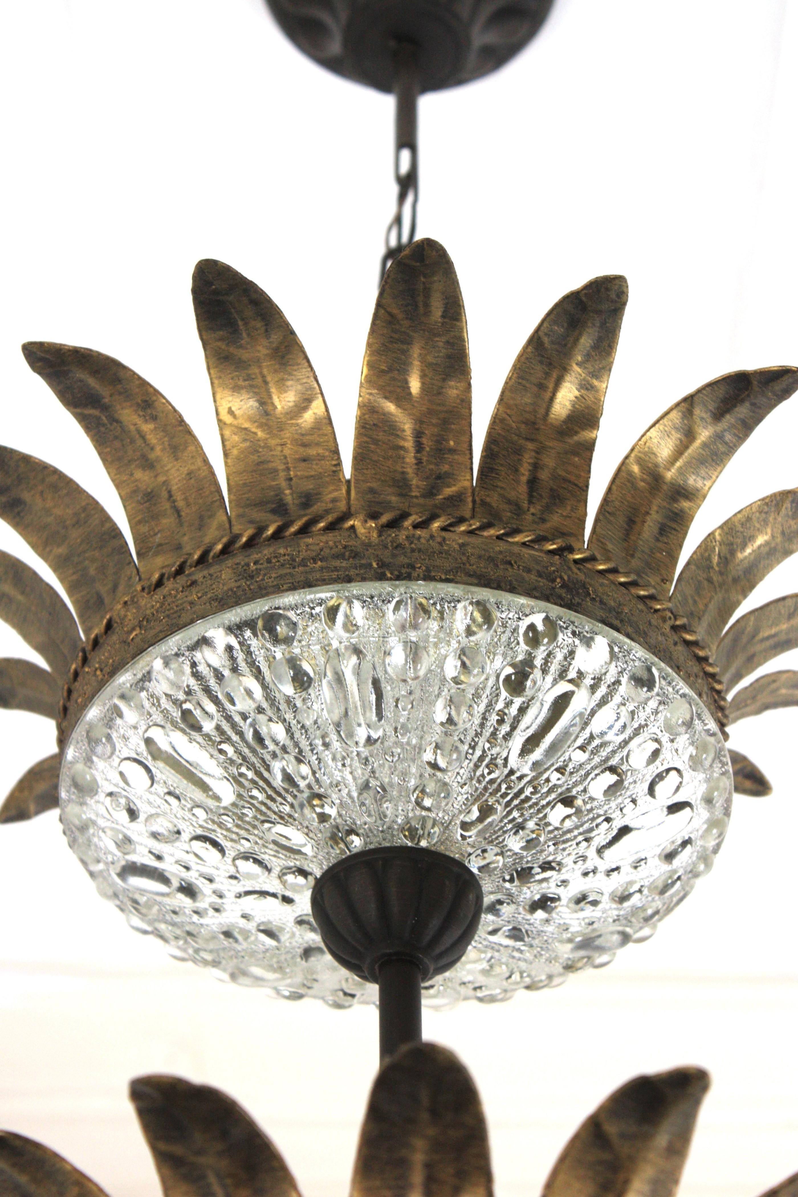 Spanish Double Crown Sunburst Pendant Light Fixture in Gilt Iron & Glass, Spain 1950 For Sale