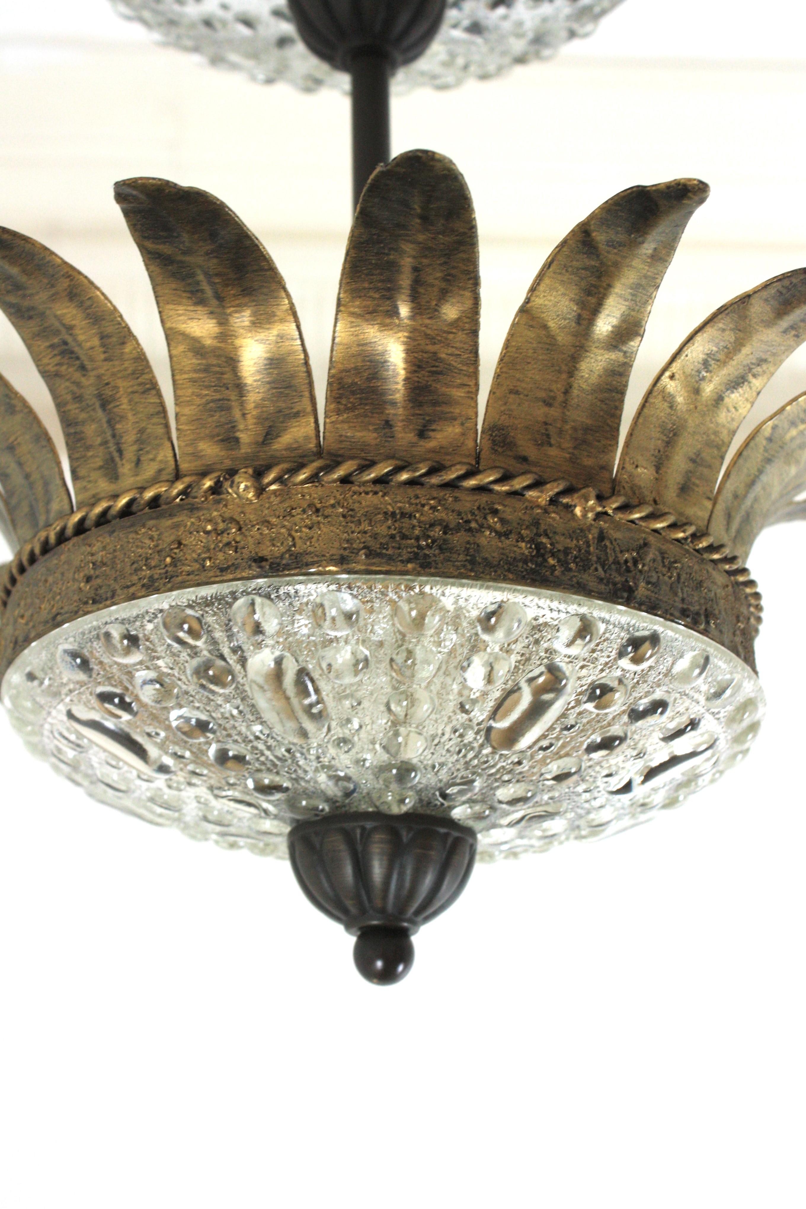 20th Century Double Crown Sunburst Pendant Light Fixture in Gilt Iron & Glass, Spain 1950 For Sale