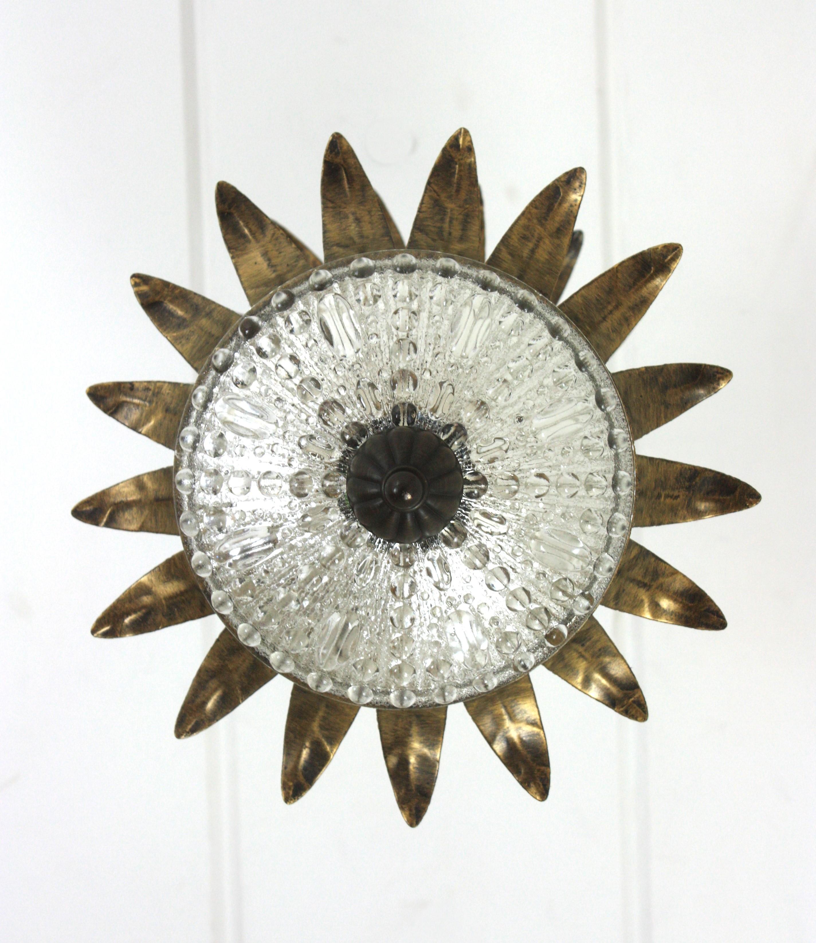 Metal Double Crown Sunburst Pendant Light Fixture in Gilt Iron & Glass, Spain 1950 For Sale