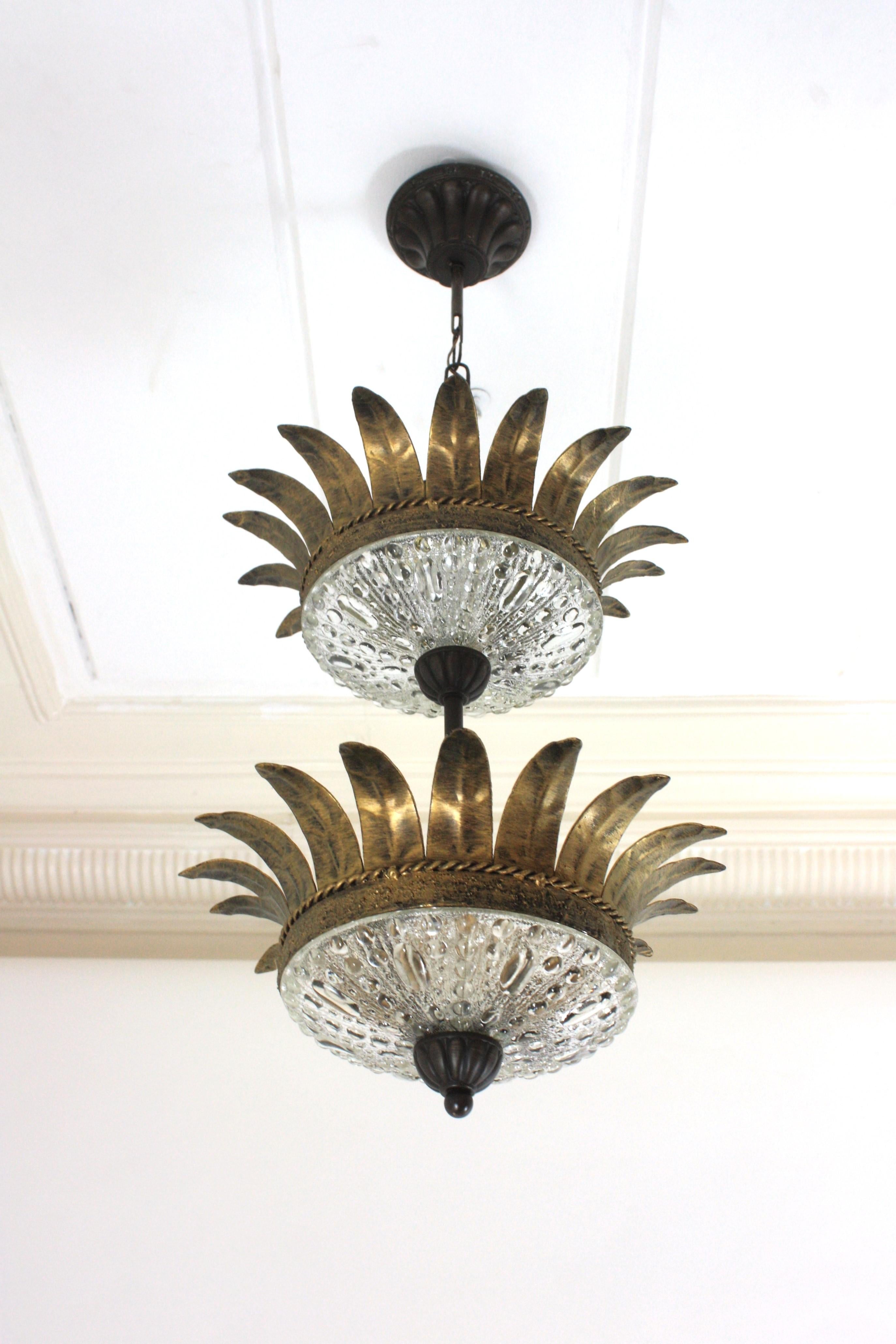 Double Crown Sunburst Pendant Light Fixture in Gilt Iron & Glass, Spain 1950 For Sale 2