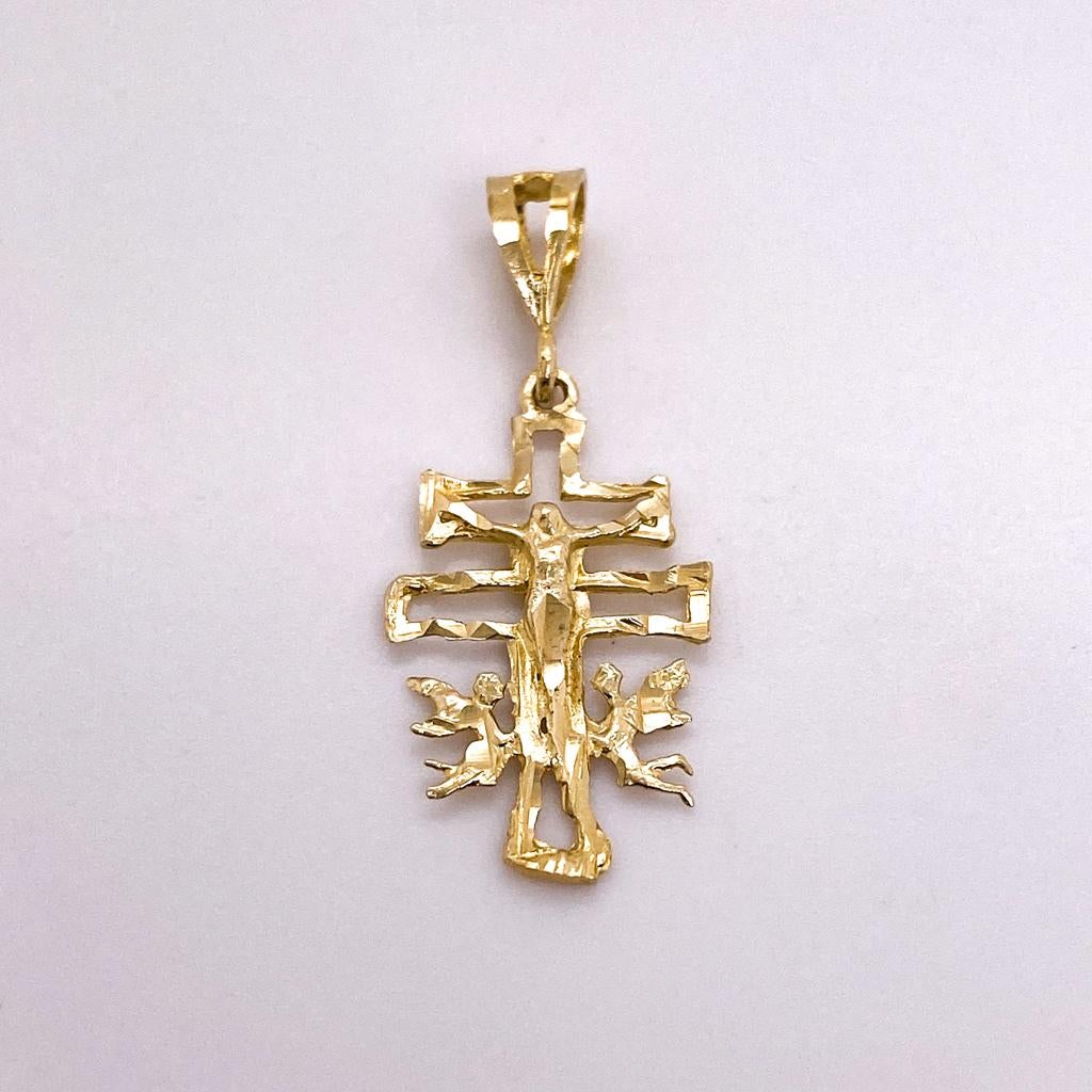 Revival Caravaca Cross Double Crucifix with Angels, 14K Yellow Gold Diamond-Cut Pendant For Sale