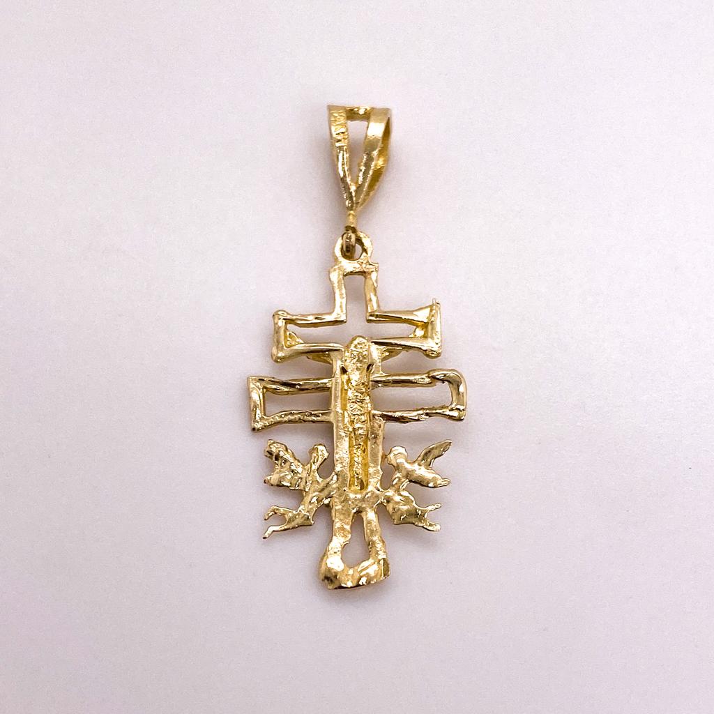 Double Crucifix Caravaca Cross with Angels, 14K Yellow Gold Diamond-Cut Pendant For Sale 1