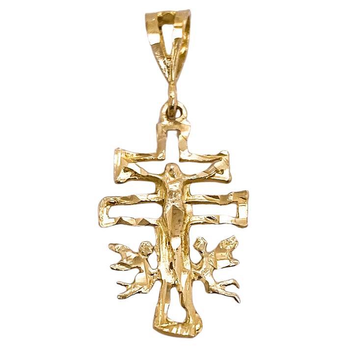 Caravaca Cross Double Crucifix with Angels, 14K Yellow Gold Diamond-Cut Pendant For Sale