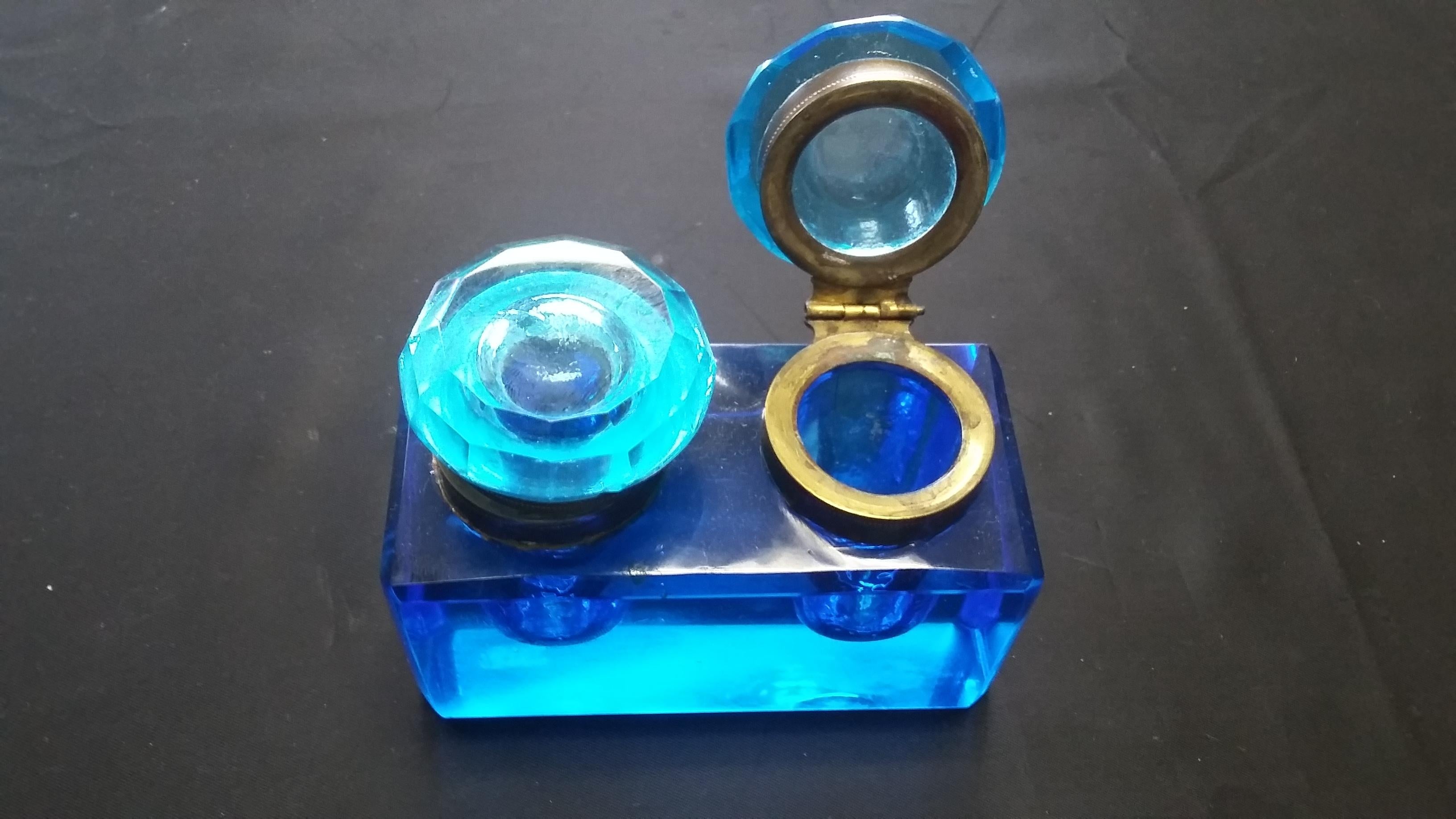 American 19th century antique blue crystal unusual Inkwell