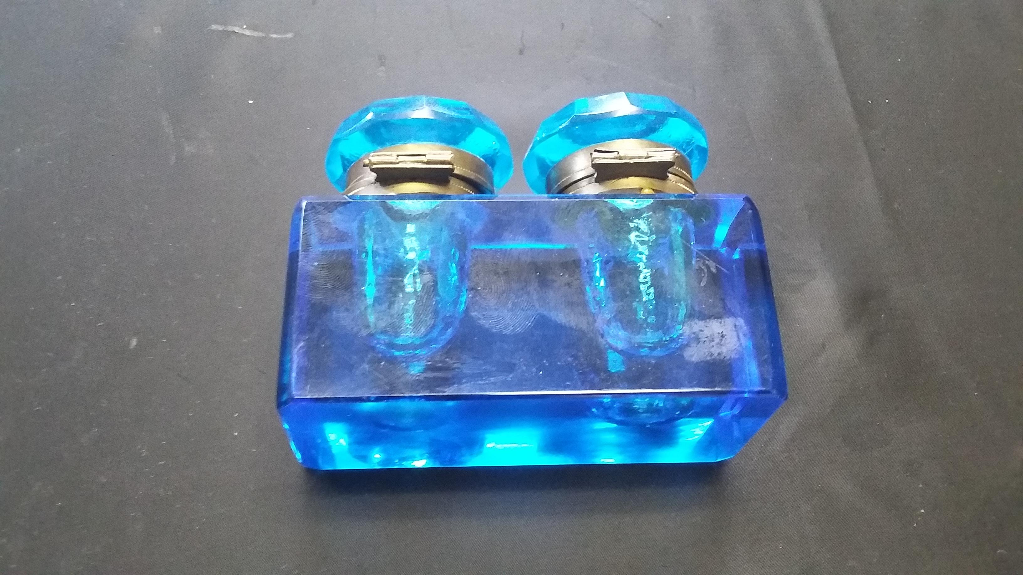 19th Century 19th century antique blue crystal unusual Inkwell