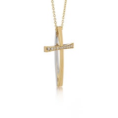 Double Curved and side Diamond Cross in 18Kt Gold Two Tones with pave Diamonds