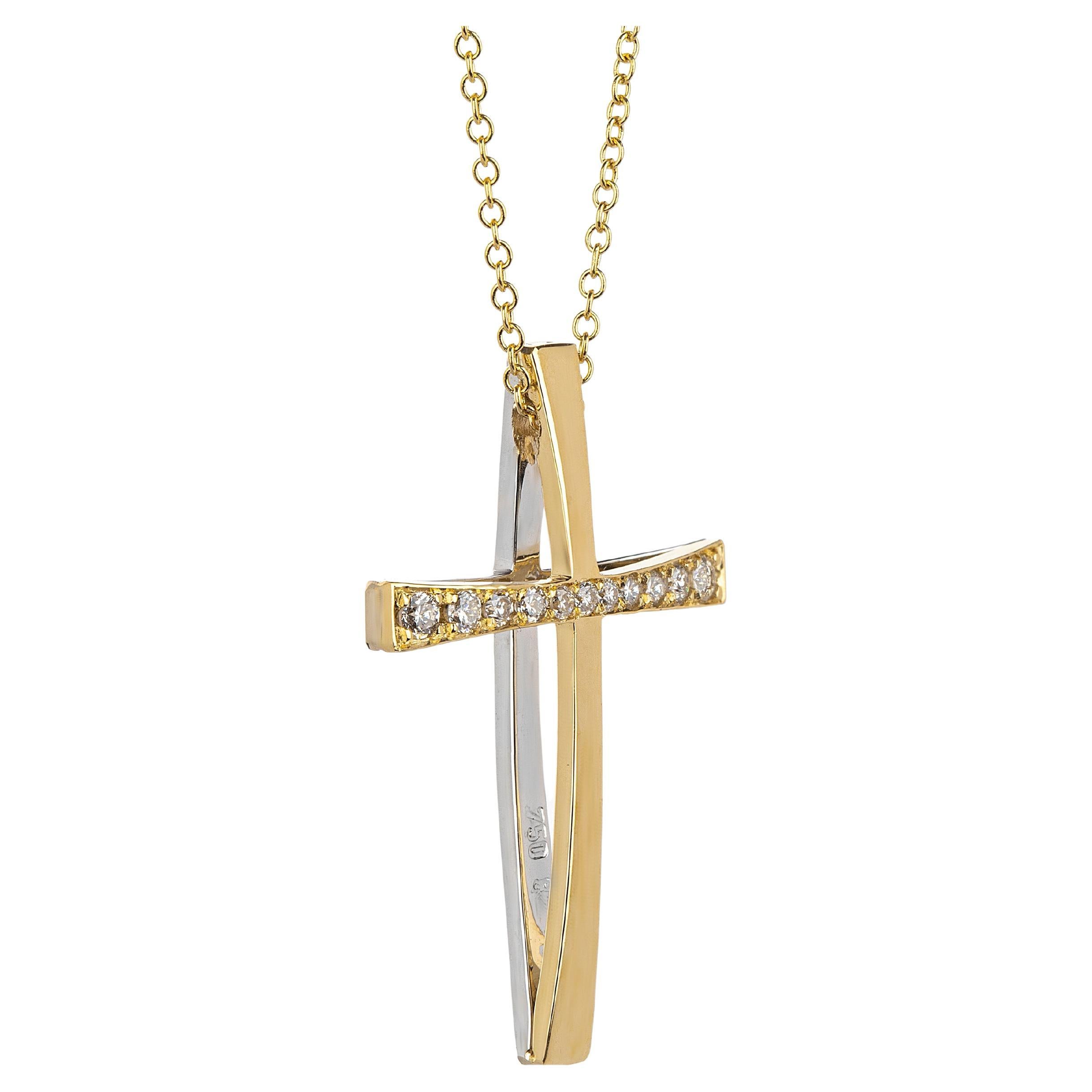 Double Curved and side Diamond Cross in 18Kt Gold Two Tones with pave Diamonds