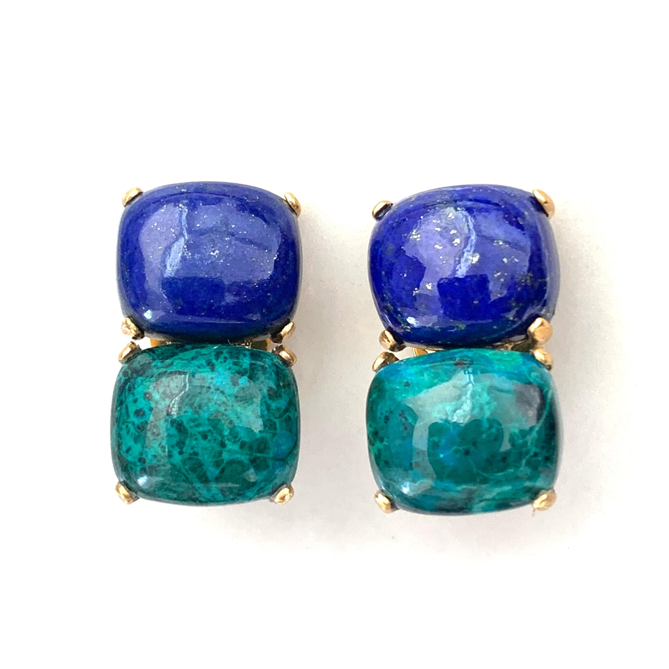 These stunning pair of earrings features 4 pieces of large cushion-shape cabochon-cut genuine lapis lazuli and chrysocolla, hand bezel-set in 18k yellow gold vermeil over sterling silver. The classic double design allows the earrings to show off the