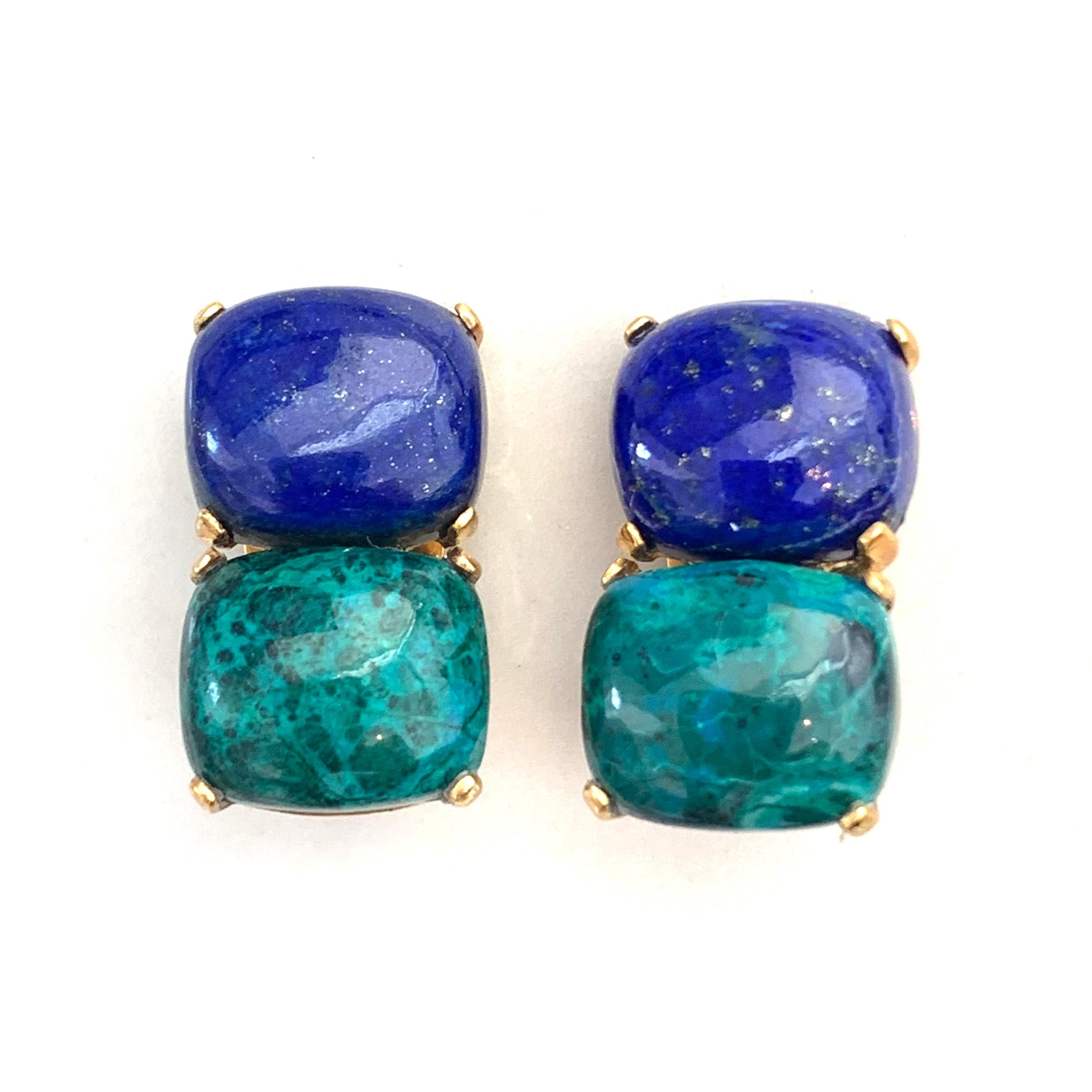 Artisan Double Cushion Cabochon Lapis Lazuli and Chrysocolla Vermeil Clip-on Earrings