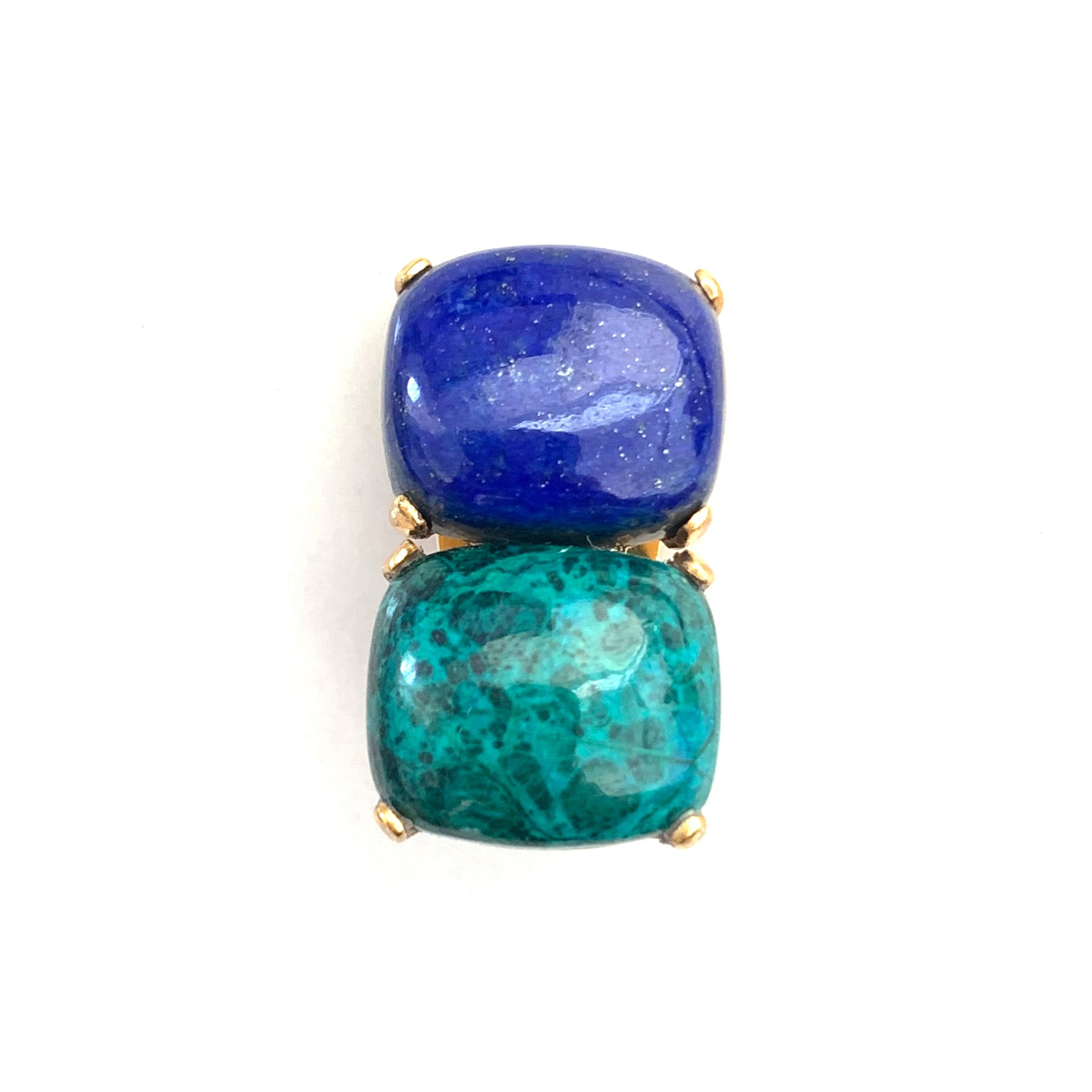 Double Cushion Cabochon Lapis Lazuli and Chrysocolla Vermeil Clip-on Earrings In New Condition In Los Angeles, CA