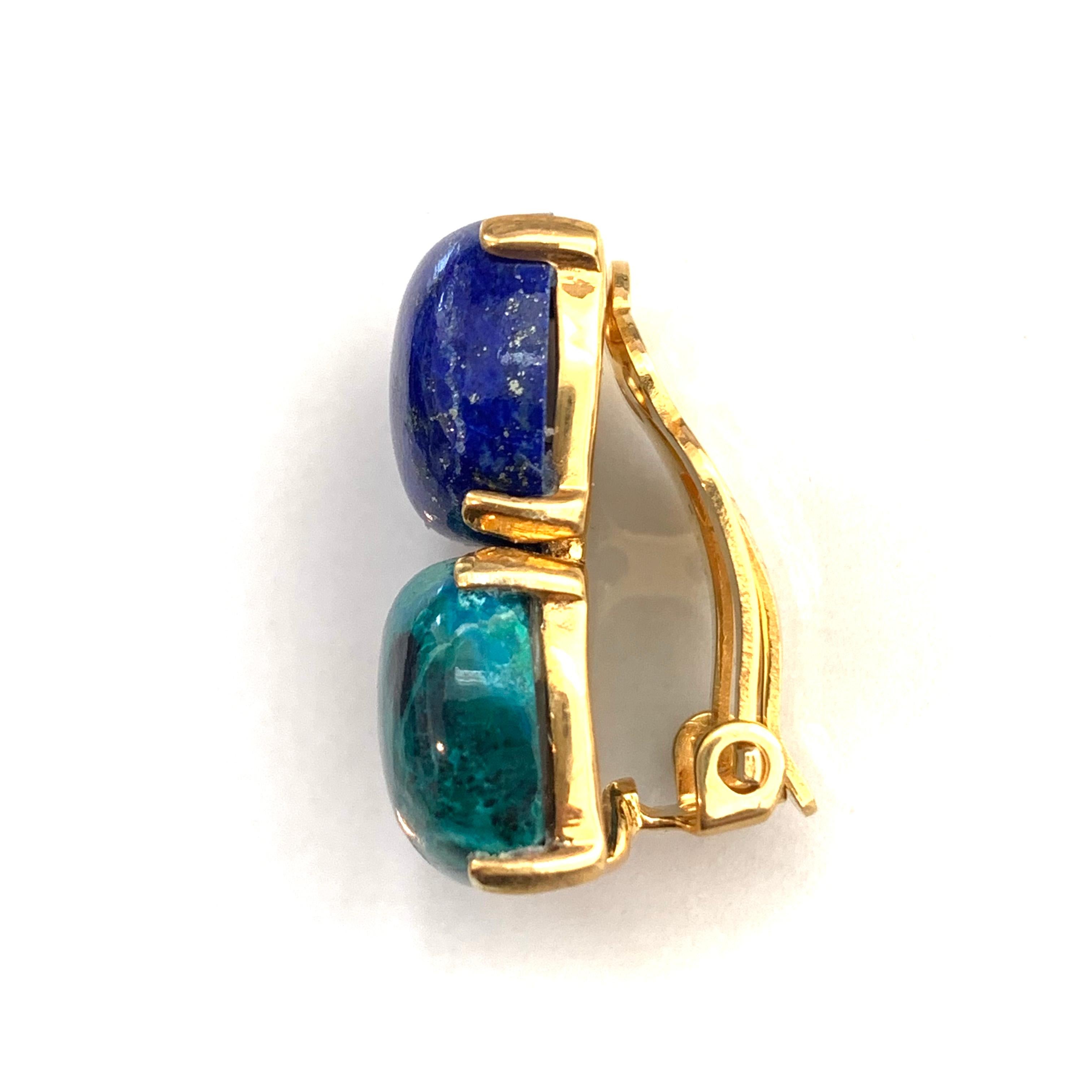 Women's Double Cushion Cabochon Lapis Lazuli and Chrysocolla Vermeil Clip-on Earrings