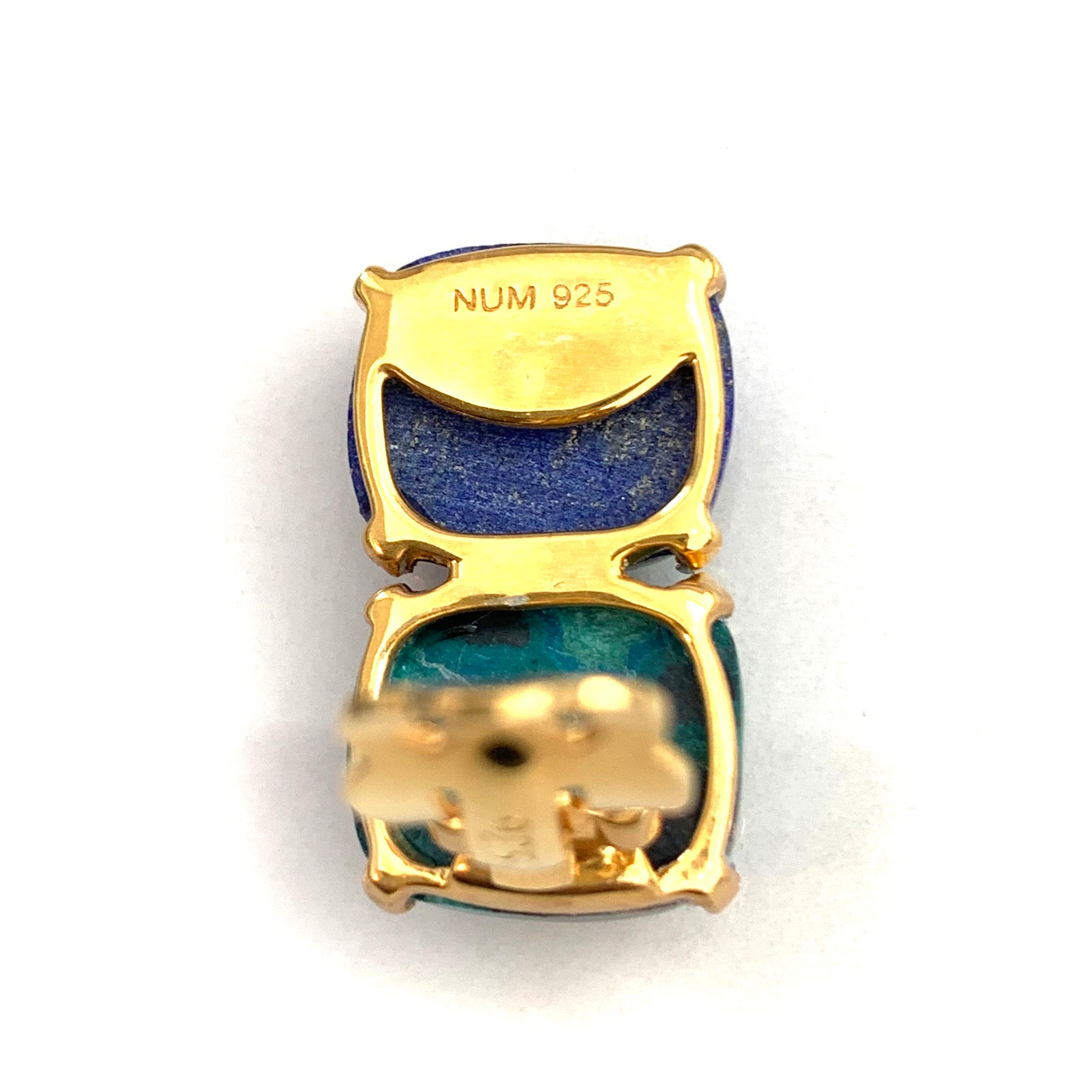 Double Cushion Cabochon Lapis Lazuli and Chrysocolla Vermeil Clip-on Earrings 1